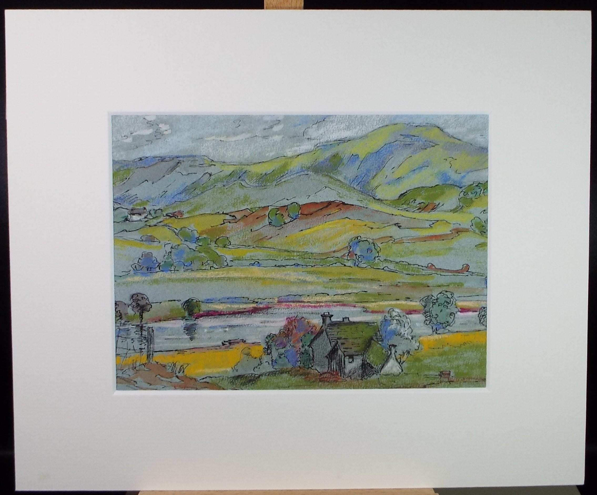 Original Watercolour & Pastel, 'Green Landscape with Farmhouse' Artist Unknown, Circa 1980's