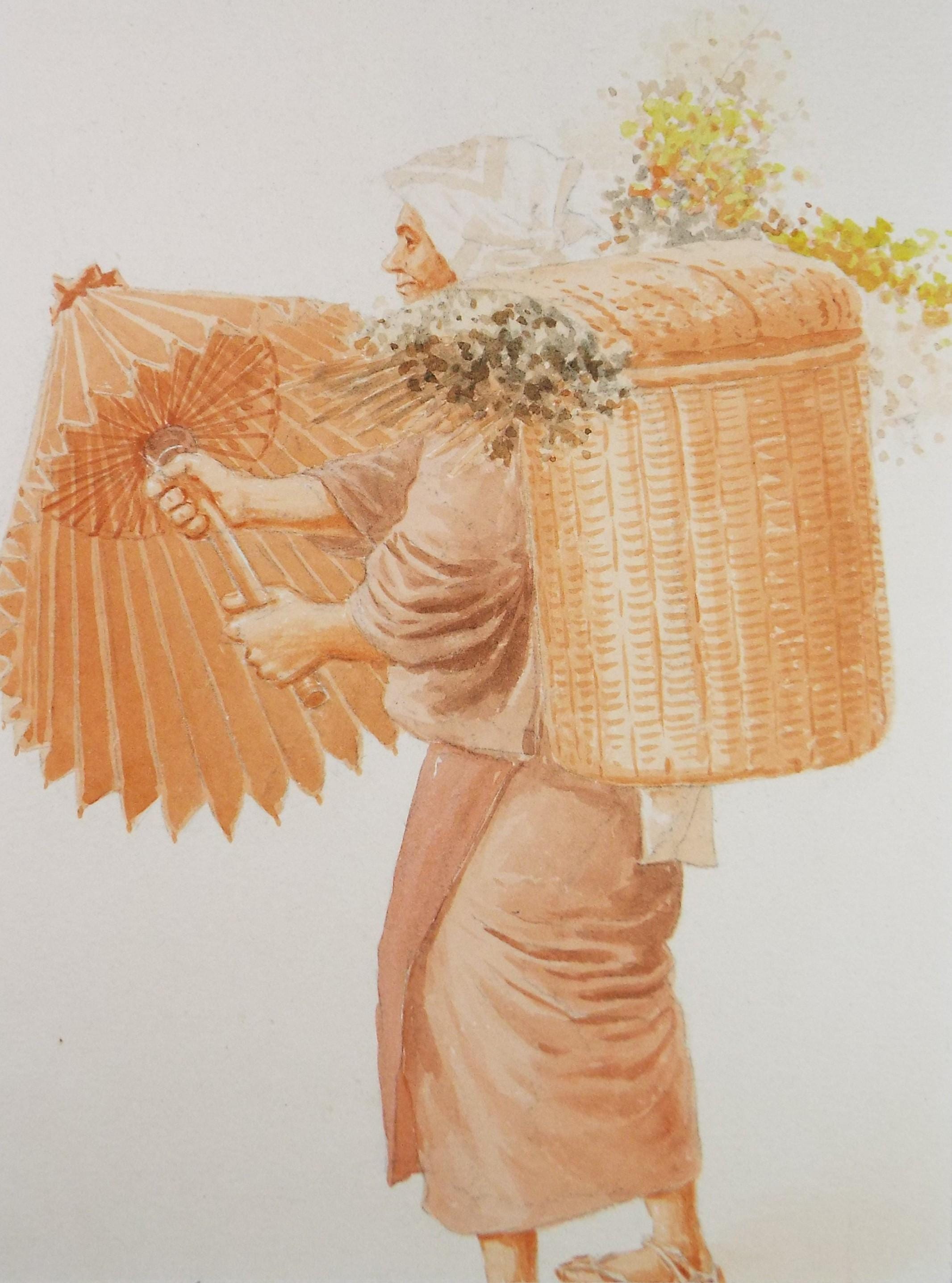 Original Watercolour, 'Japanese figure with basket & parasol', c1960's, Unknown Artist