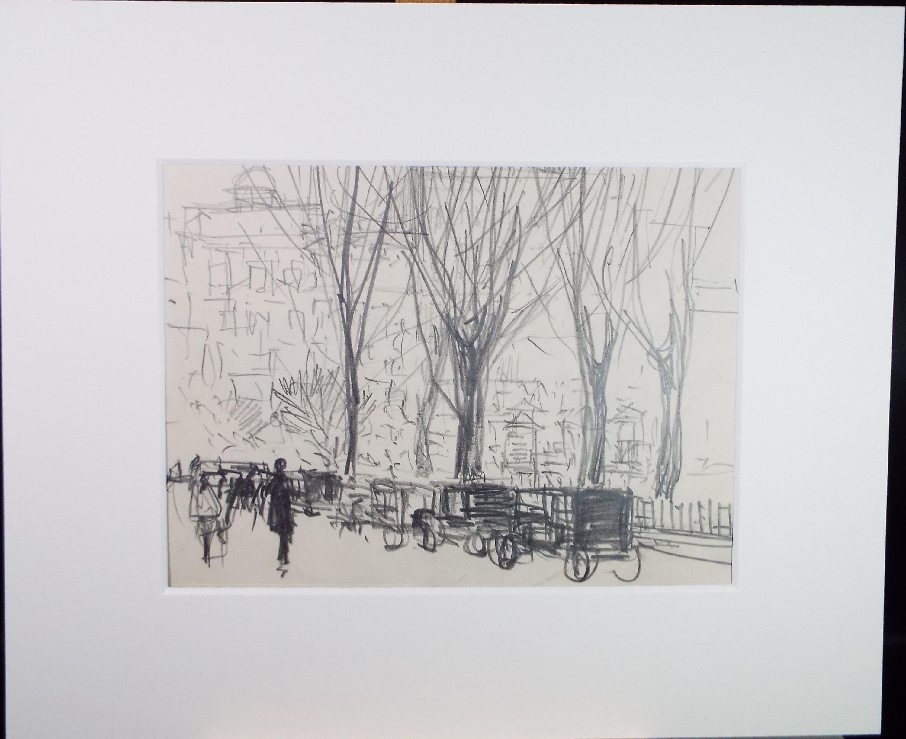 Original Pencil Drawing, 'Taxi Rank ', circa 1920's ,Lawrence Walker (1877-1967)