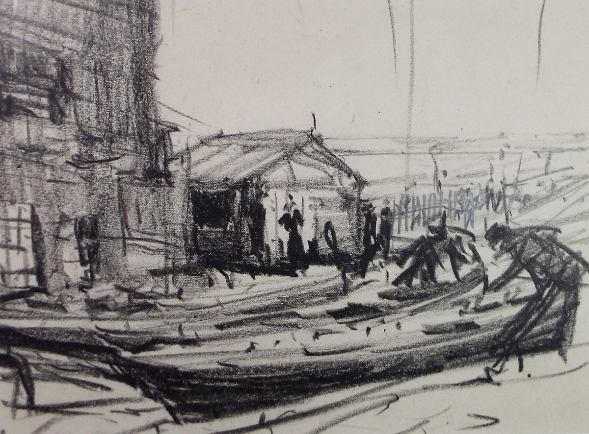 Original Pencil Drawing, 'Figures and boats on the hard ', circa 1920's ,Lawrence Walker (1877-1967)