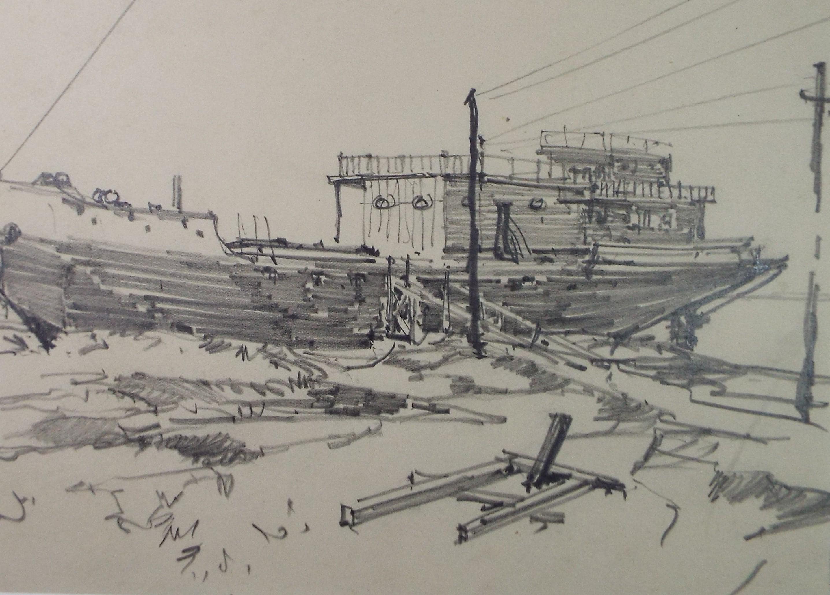 Original Pencil Drawing, 'Ship at the Quay', circa 1920's ,Lawrence Walker (1877-1967