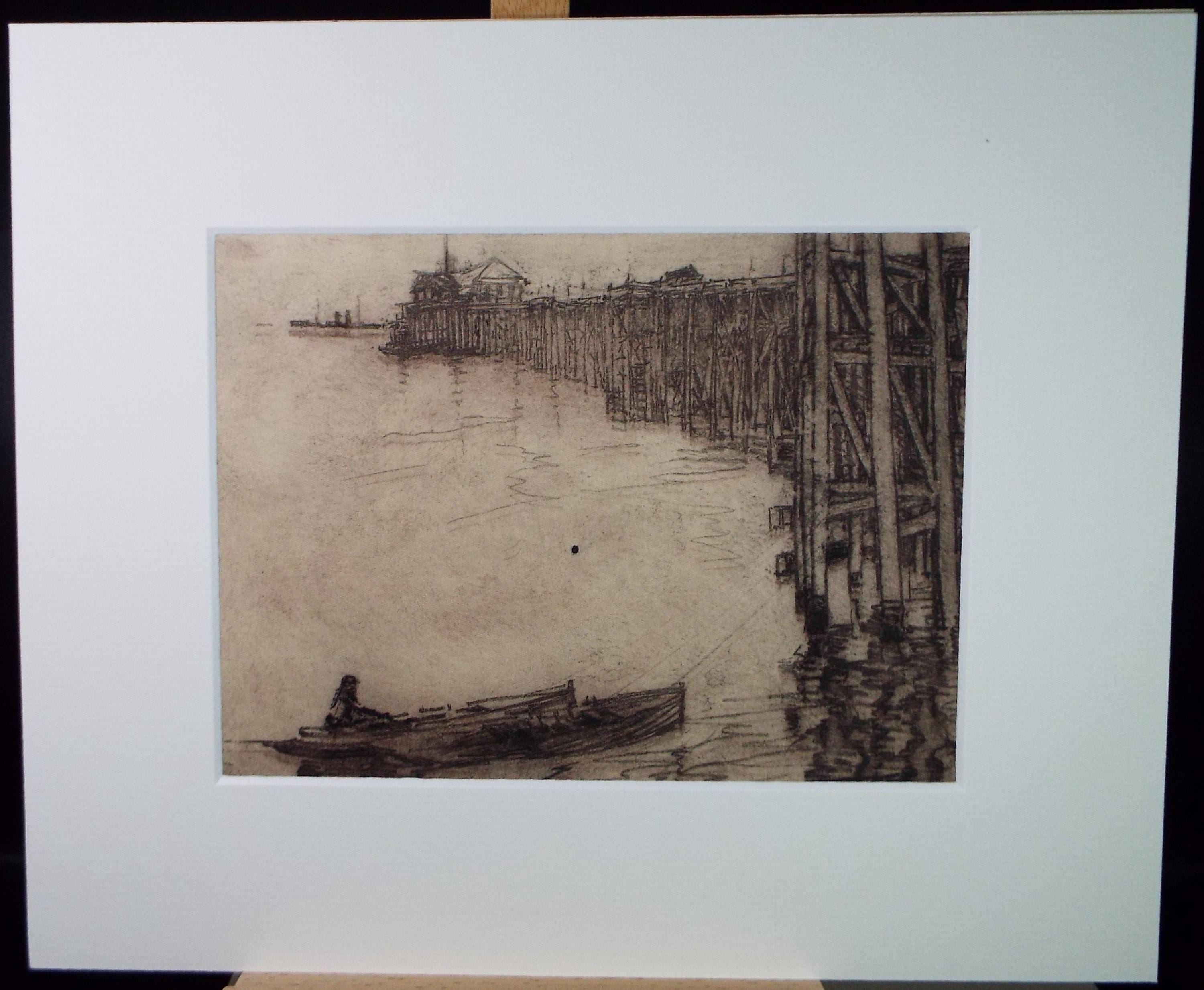 Hand Pressed Etching, 'Pier with Moored boat', Lawrence Walker (1877-1967), Circa 1920's