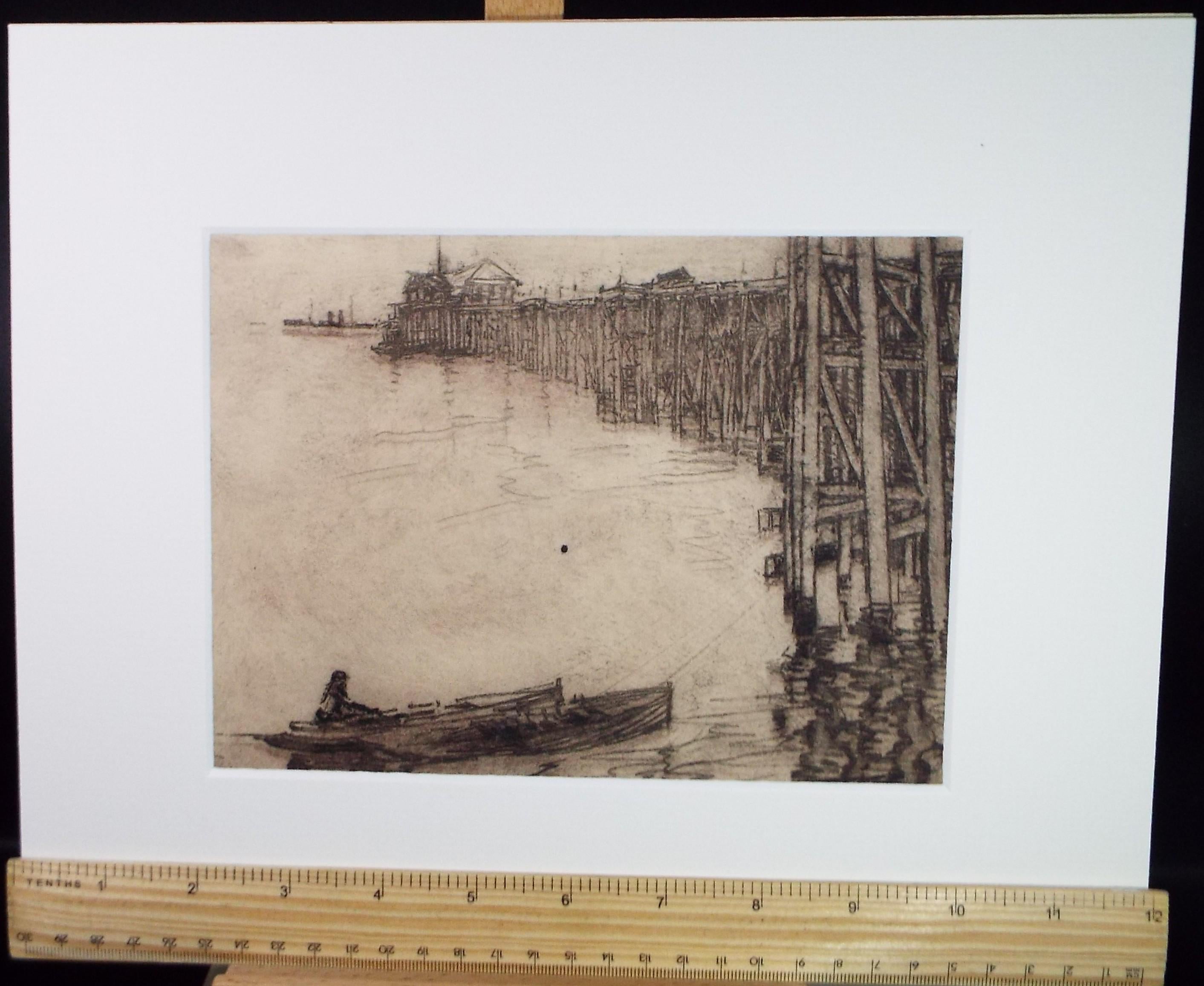 Hand Pressed Etching, 'Pier with Moored boat', Lawrence Walker (1877-1967), Circa 1920's