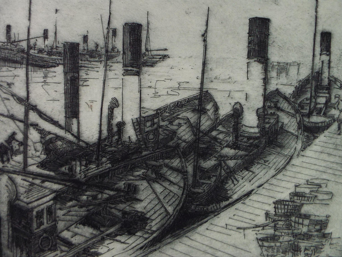 Hand Pressed Etching, 'Fishing Boats', Lawrence Walker (1877-1967), Circa 1920's