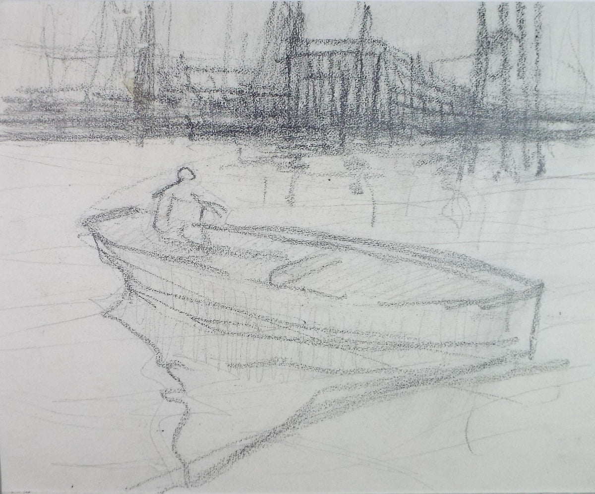 Original Pencil Drawing, 'Figure in a boat', circa 1920's ,Lawrence Walker (1877-1967
