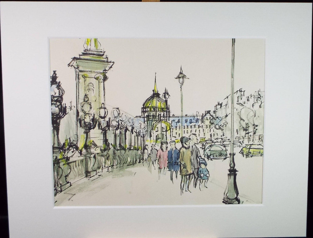 Watercolour & Ink drawing, 'Figures on a Bridge' Unknown Artist, circa 1980's