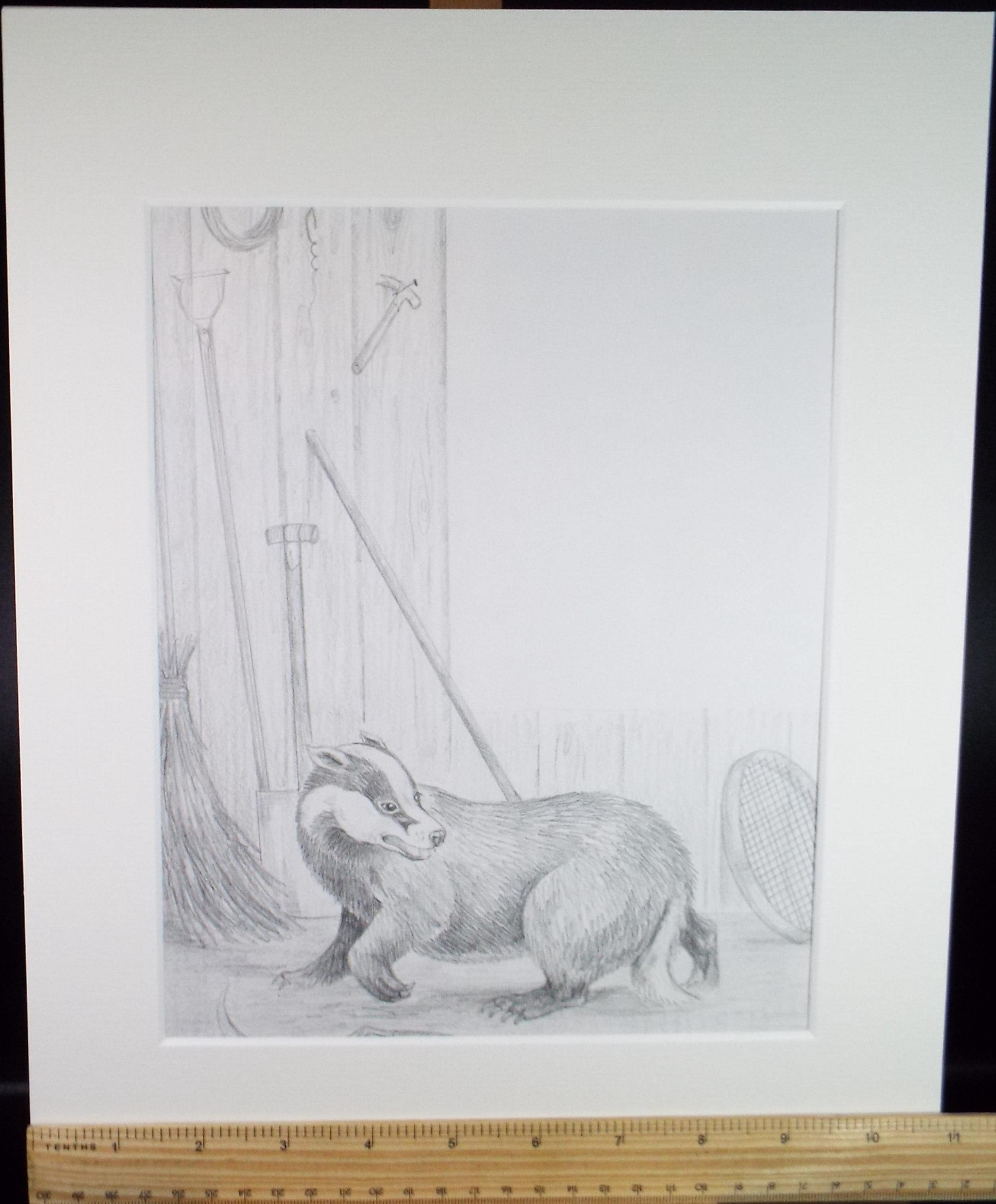 Original Pencil Drawing, 'Badger by the tool shed', circa 1980's, Artist unknown