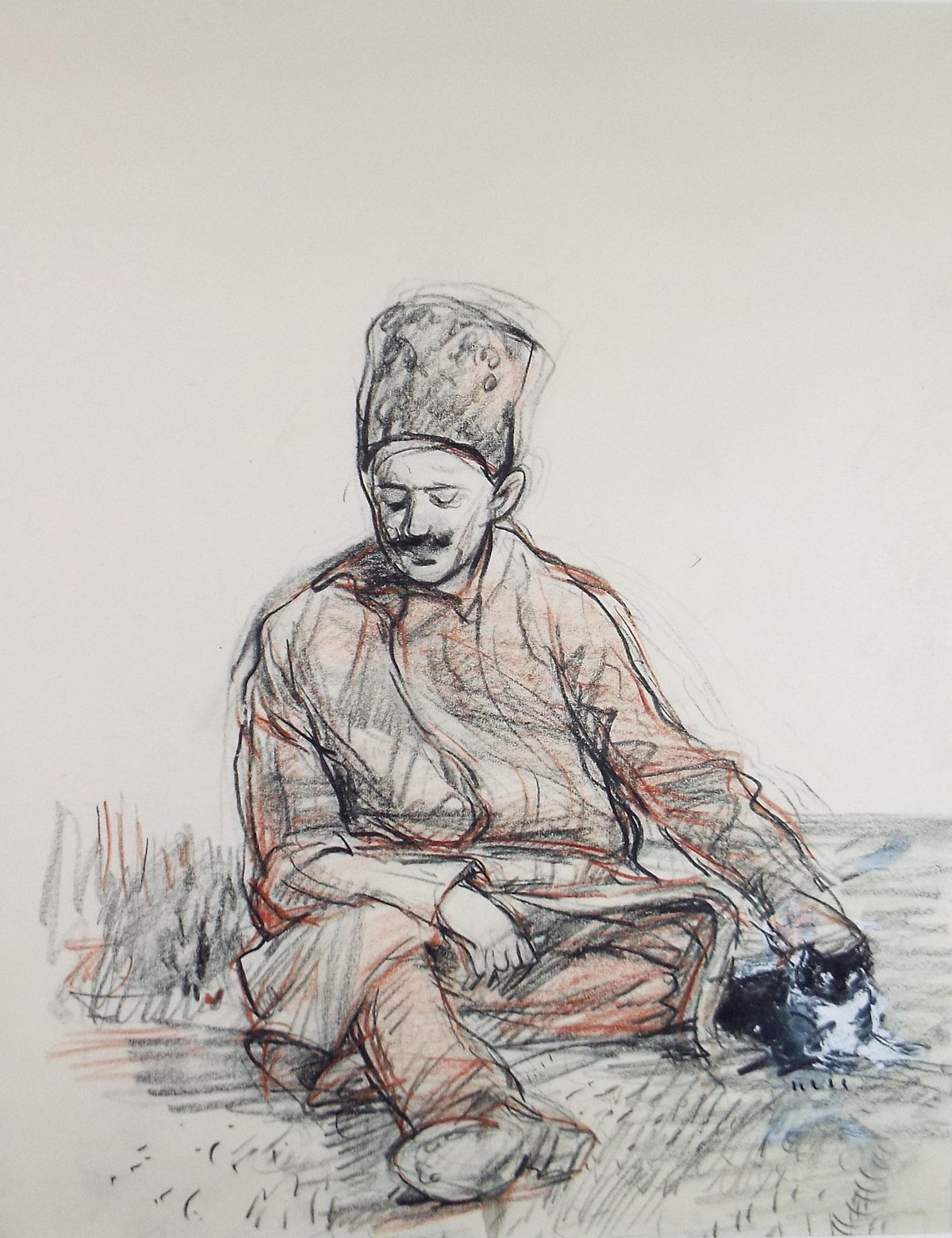 John Gilbey Bowles Pencil Drawing, Figure with Cat, 1990s Art Print (Mounted)