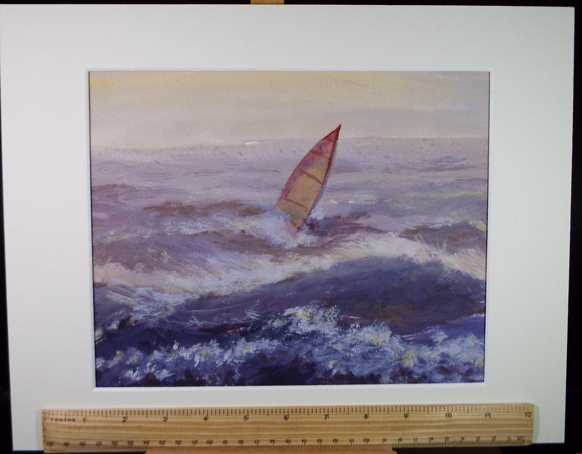 Watercolour & acrylic on paper, 'Windsurfer in a stormy sea', Unknown Artist, circa 1990's