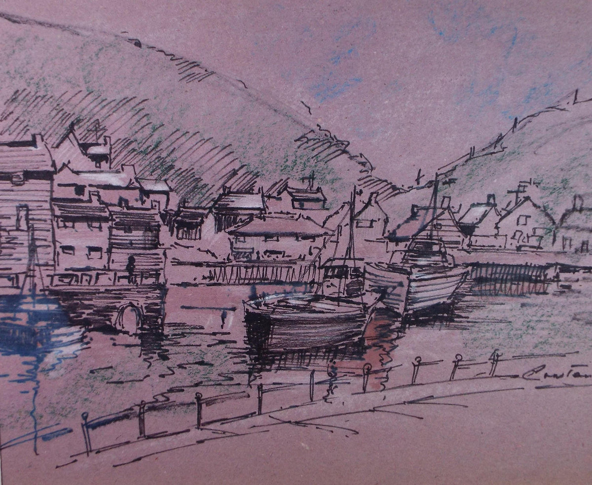 Original ink and pastel 'Fishing Harbour', Signed Constance, Circa 1980's