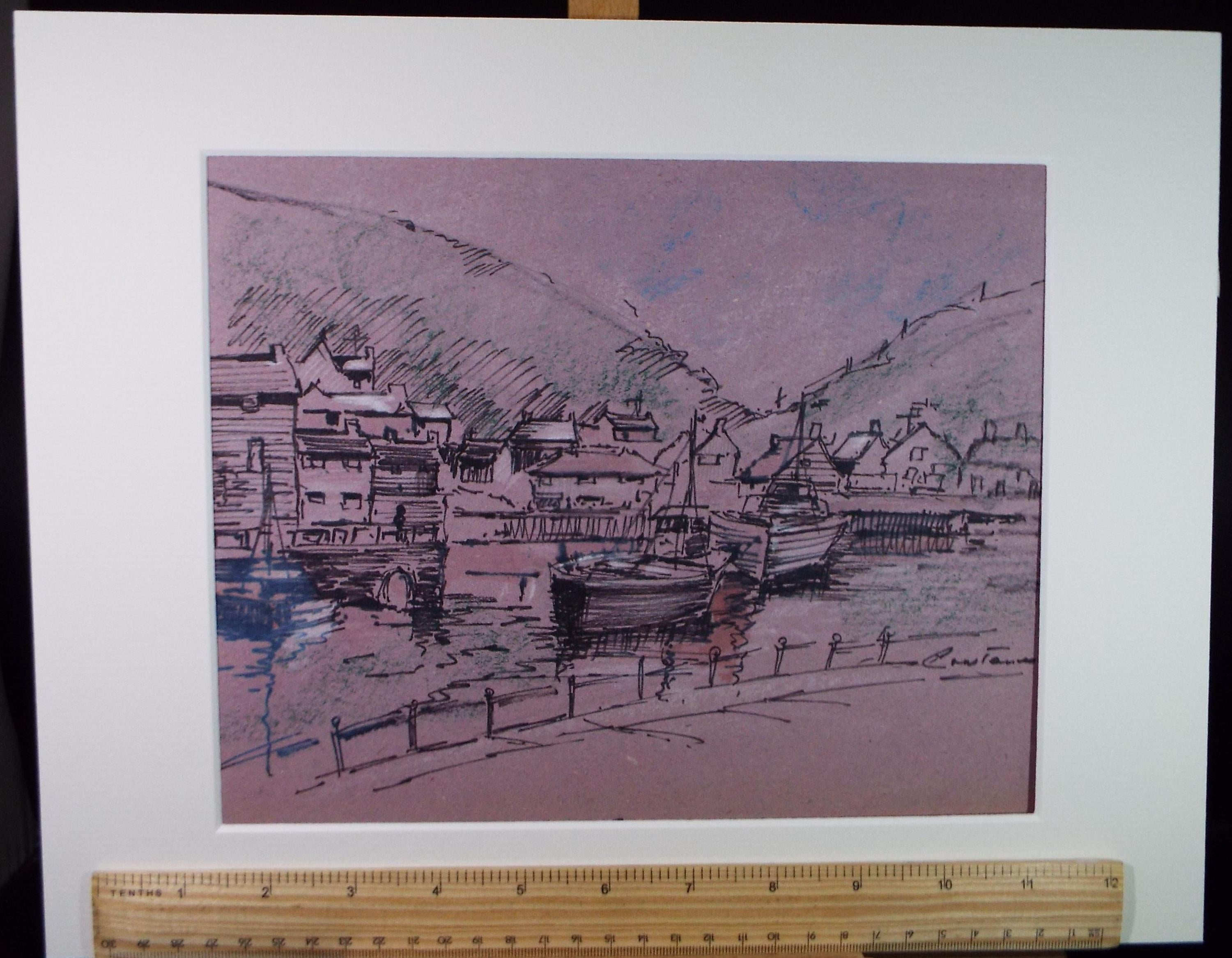Original ink and pastel 'Fishing Harbour', Signed Constance, Circa 1980's