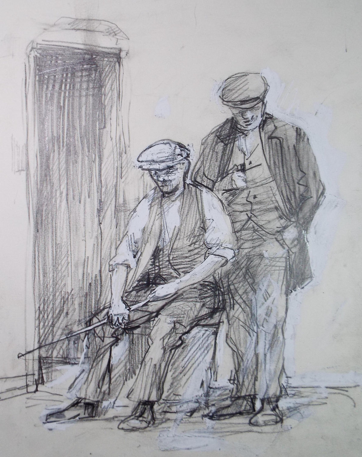 Original Pencil drawing heightened with white 'Two basket makers from 1900' circa 1990's, John Gilbey Bowles (1929-2011)