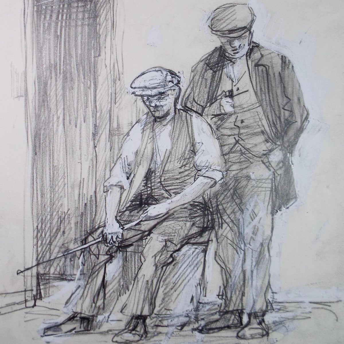 Original Pencil drawing heightened with white 'Two basket makers from 1900' circa 1990's, John Gilbey Bowles (1929-2011)