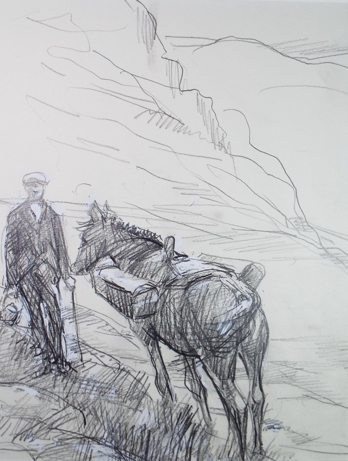 Original Pencil drawing heightened with white 'Figure with pack horse' circa 1990's, John Gilbey Bowles (1929-2011)