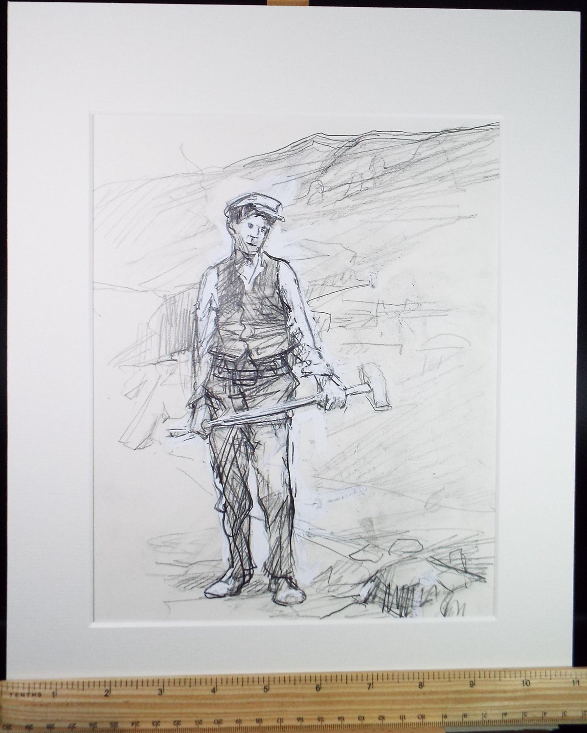 Original Pencil drawing heightened with white 'Granite Quarry Worker' circa 1990's, John Gilbey Bowles (1929-2011)