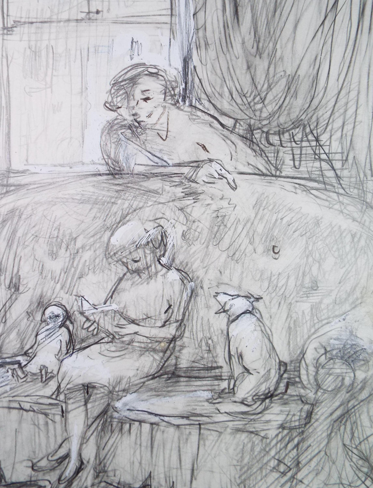 Original Pencil drawing heightened with white 'Figures in the sitting room' circa 1990's, John Gilbey Bowles (1929-2011)