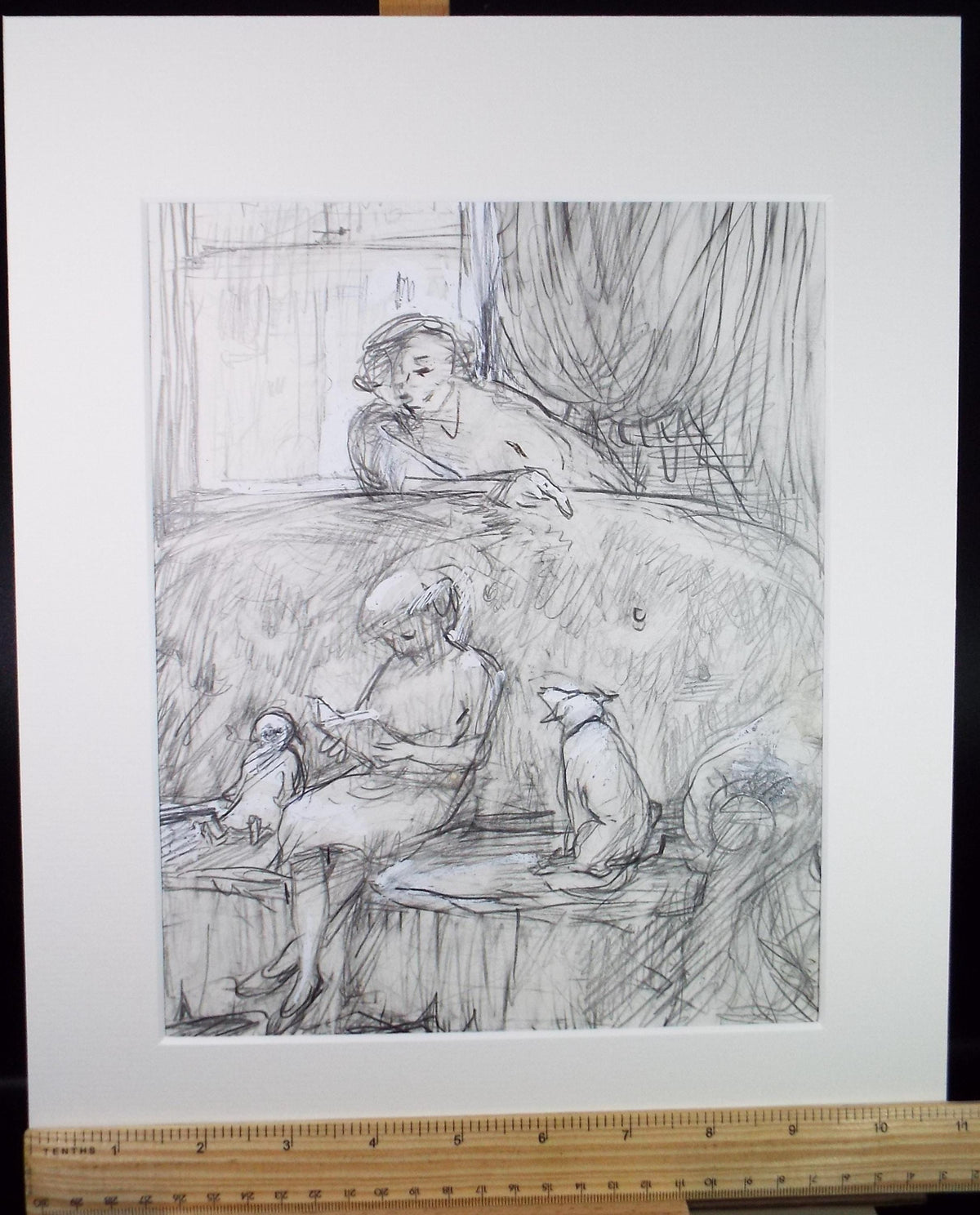 Original Pencil drawing heightened with white 'Figures in the sitting room' circa 1990's, John Gilbey Bowles (1929-2011)