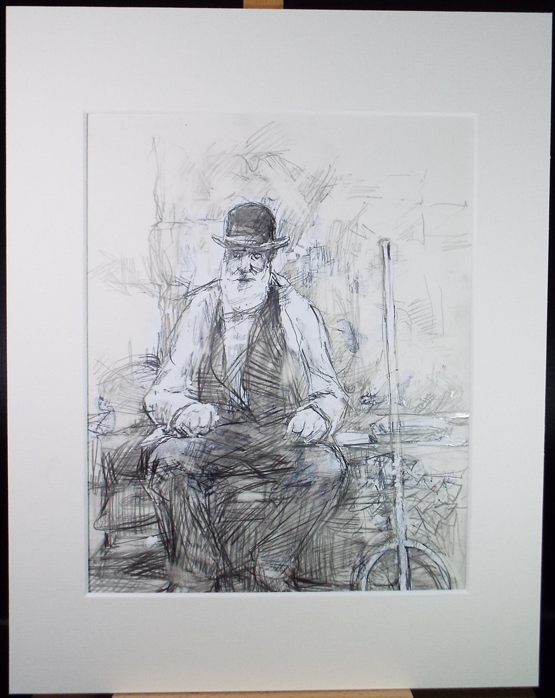 Original Pencil drawing heightened with white 'Farm worker from 1900' circa 1990's, John Gilbey Bowles (1929-2011)