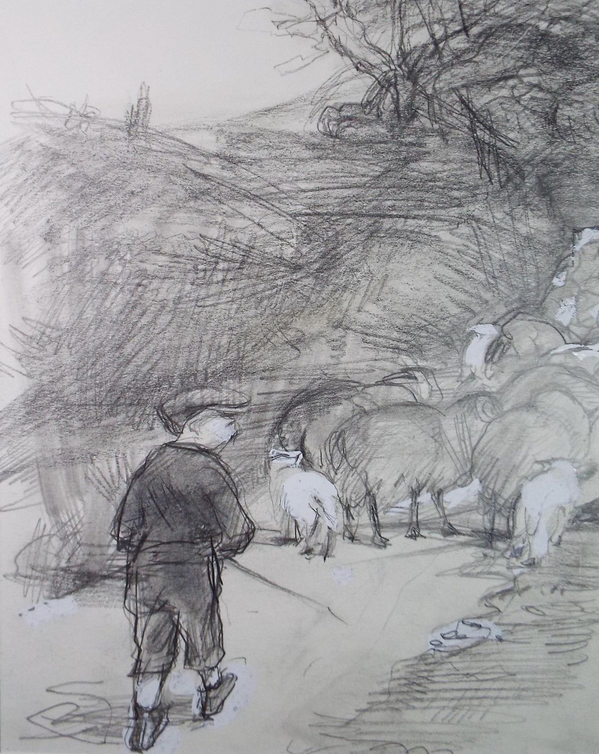 Original Pencil drawing heightened with white Boy herding sheep' circa 1990's, John Gilbey Bowles (1929-2011)