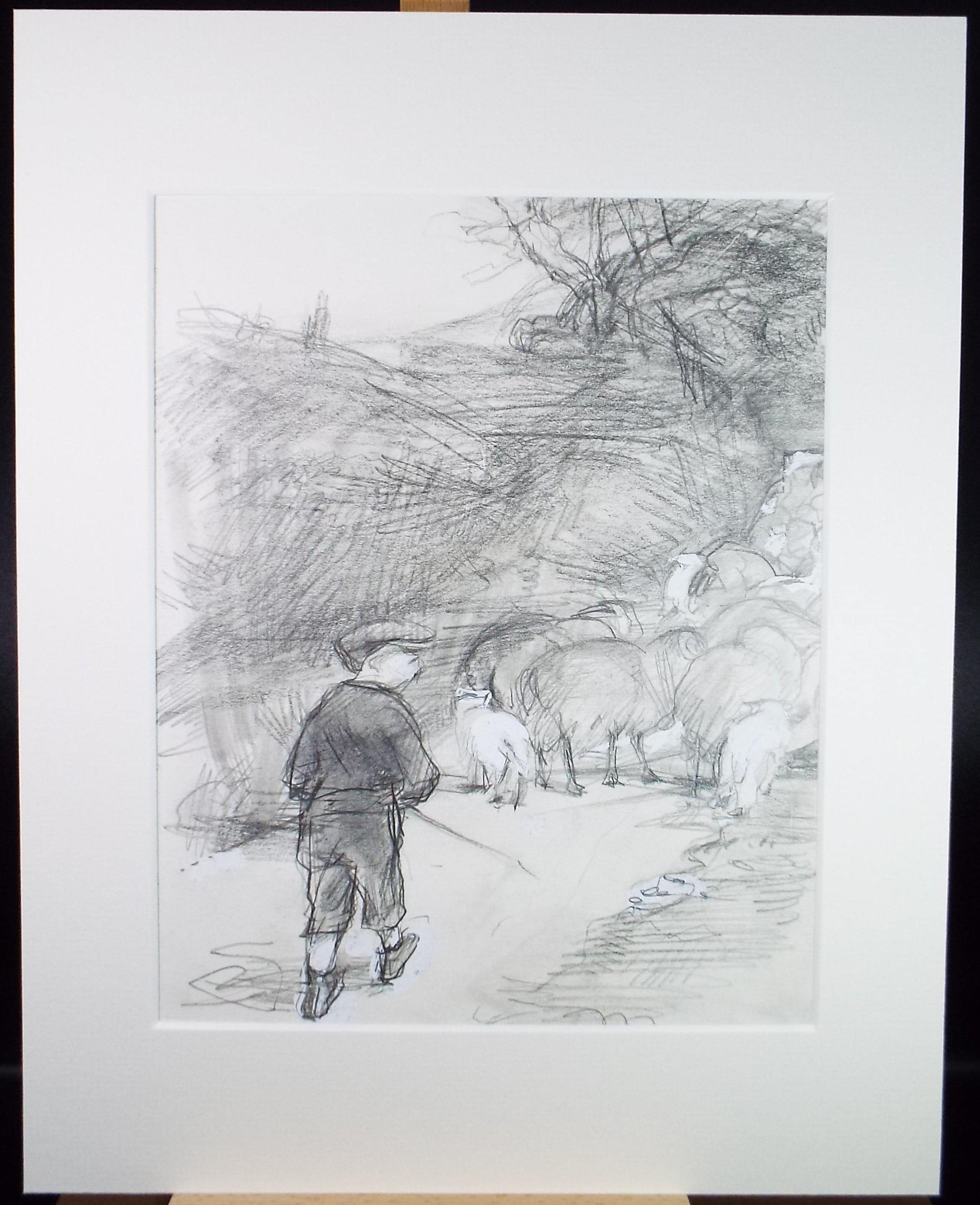 Original Pencil drawing heightened with white Boy herding sheep' circa 1990's, John Gilbey Bowles (1929-2011)
