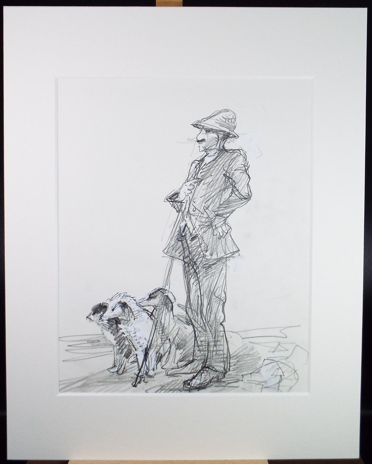 Original Pencil drawing heightened with white 'Farmer with dogs', circa 1990's, John Gilbey Bowles (1929-2011)