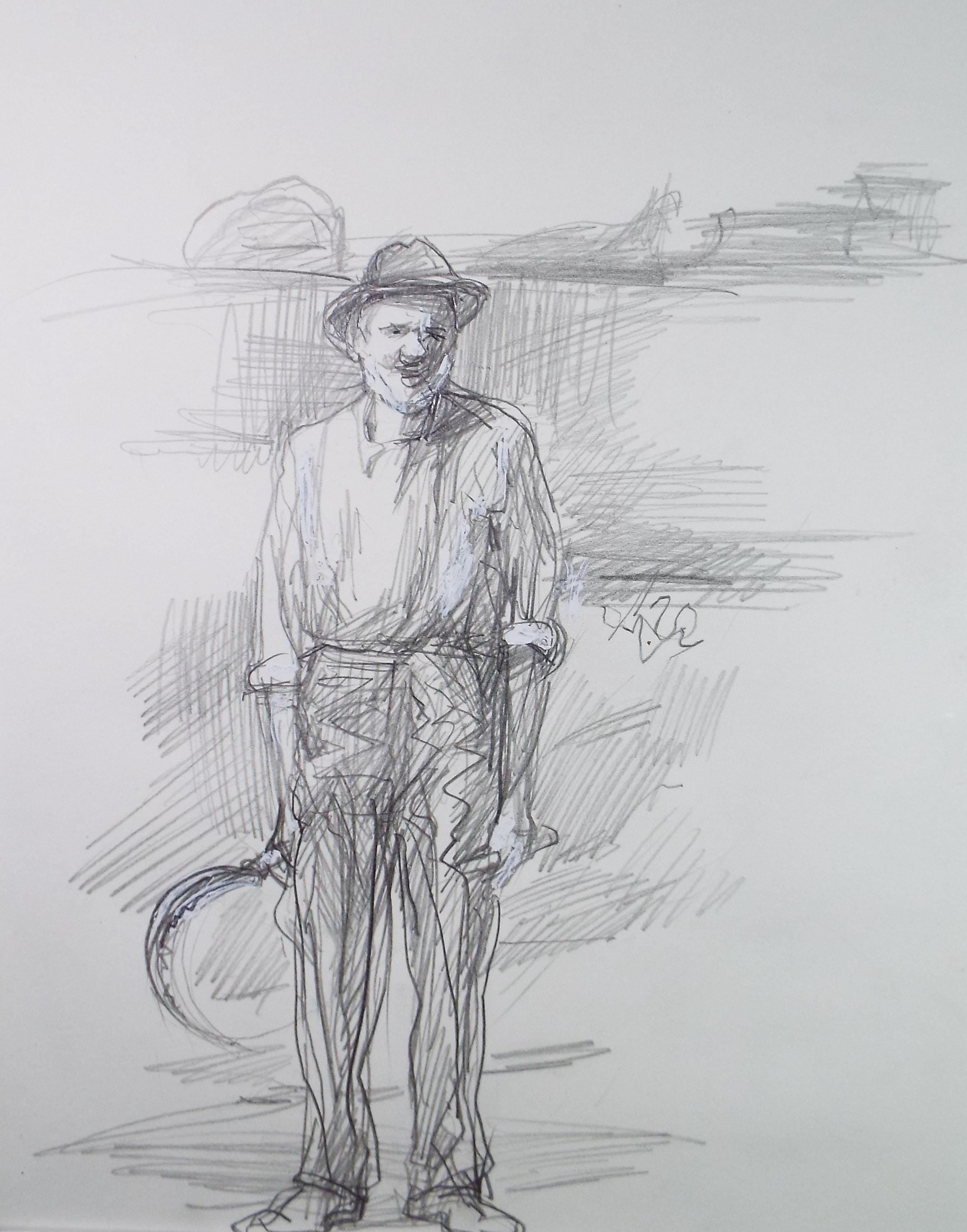 Original Pencil drawing heightened with white 'Farm Worker', circa 1990's, John Gilbey Bowles (1929-2011)