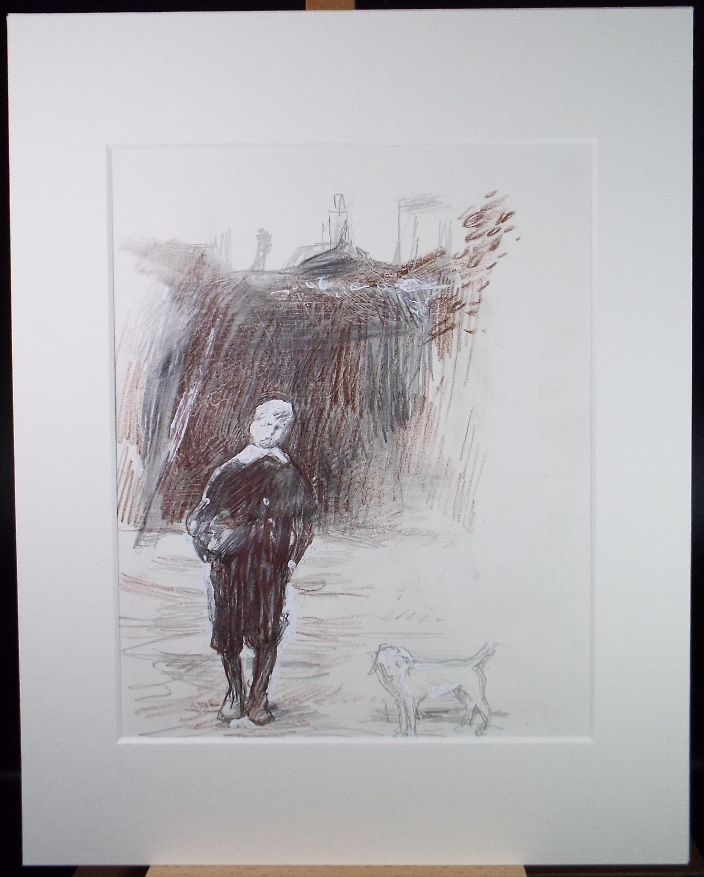 Original Pencil drawing heightened with white 'Boy with dog', circa 1990's, John Gilbey Bowles (1929-2011)