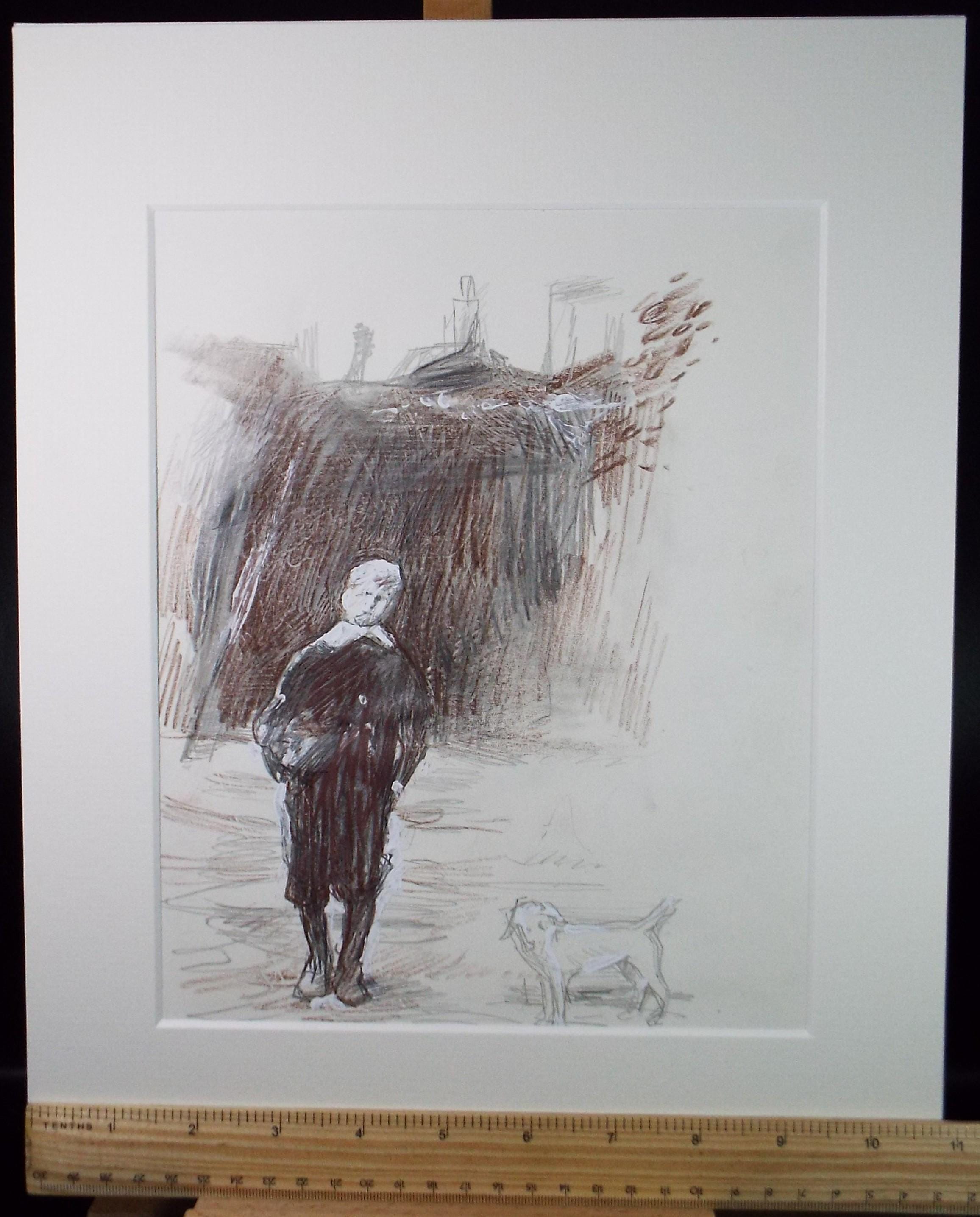 Original Pencil drawing heightened with white 'Boy with dog', circa 1990's, John Gilbey Bowles (1929-2011)