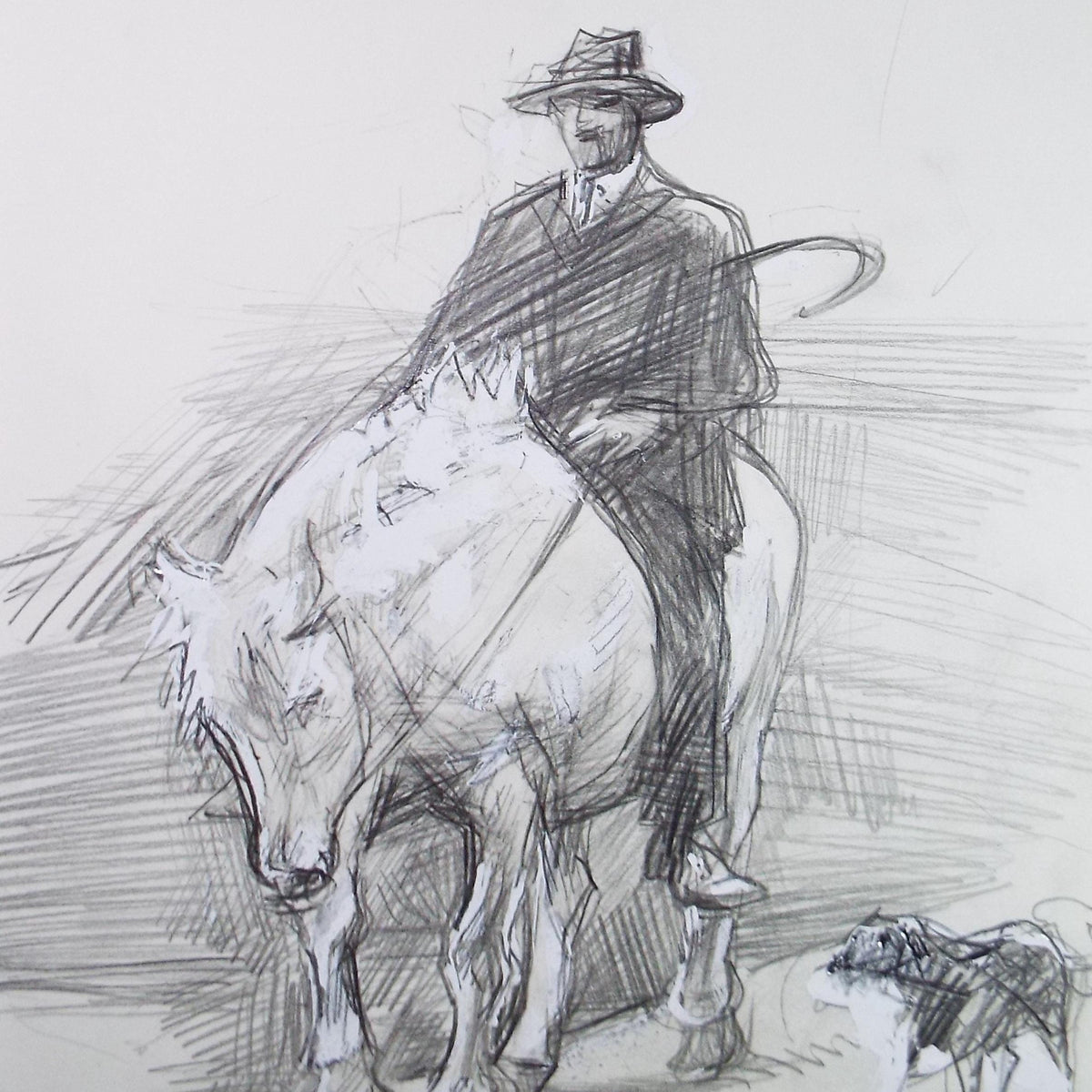 Original Pencil Drawing 'Rider with Dog', John Gilbey Bowles, 1990s (Mounted)