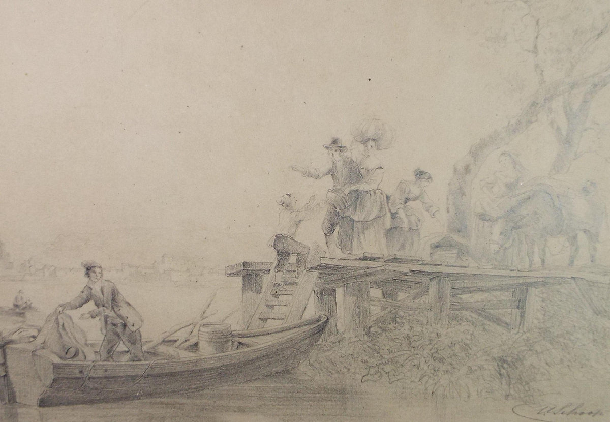 Original Pencil drawing, 'Figures on the quay' Late 19th Century, Artist Unknown