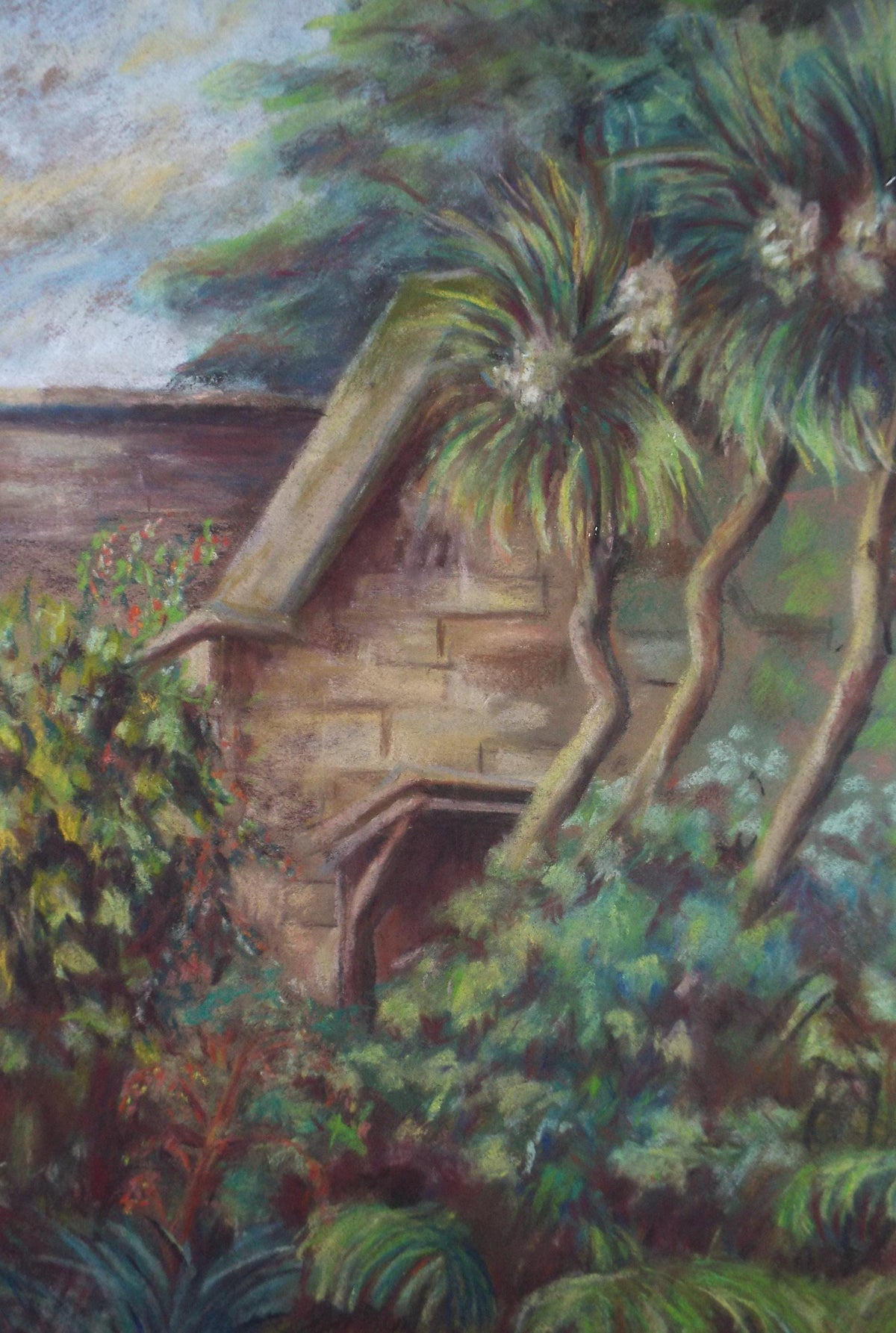 Original Pastel, 'Building in a Tropical landscape', Circa 1950's, Artist Unknown