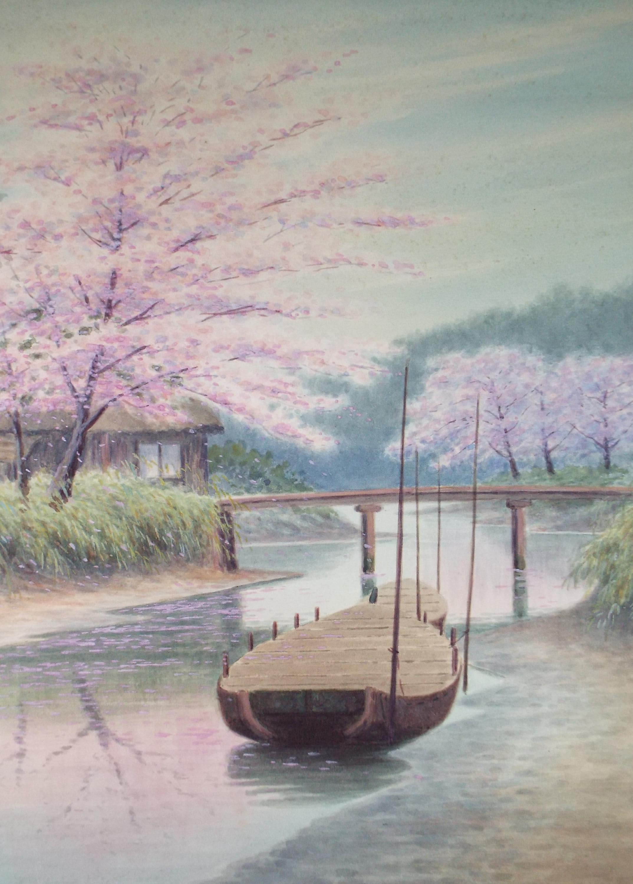 Original Watercolour, 'Japanese River scence with cherry blossom', c1960's, Unknown Artist