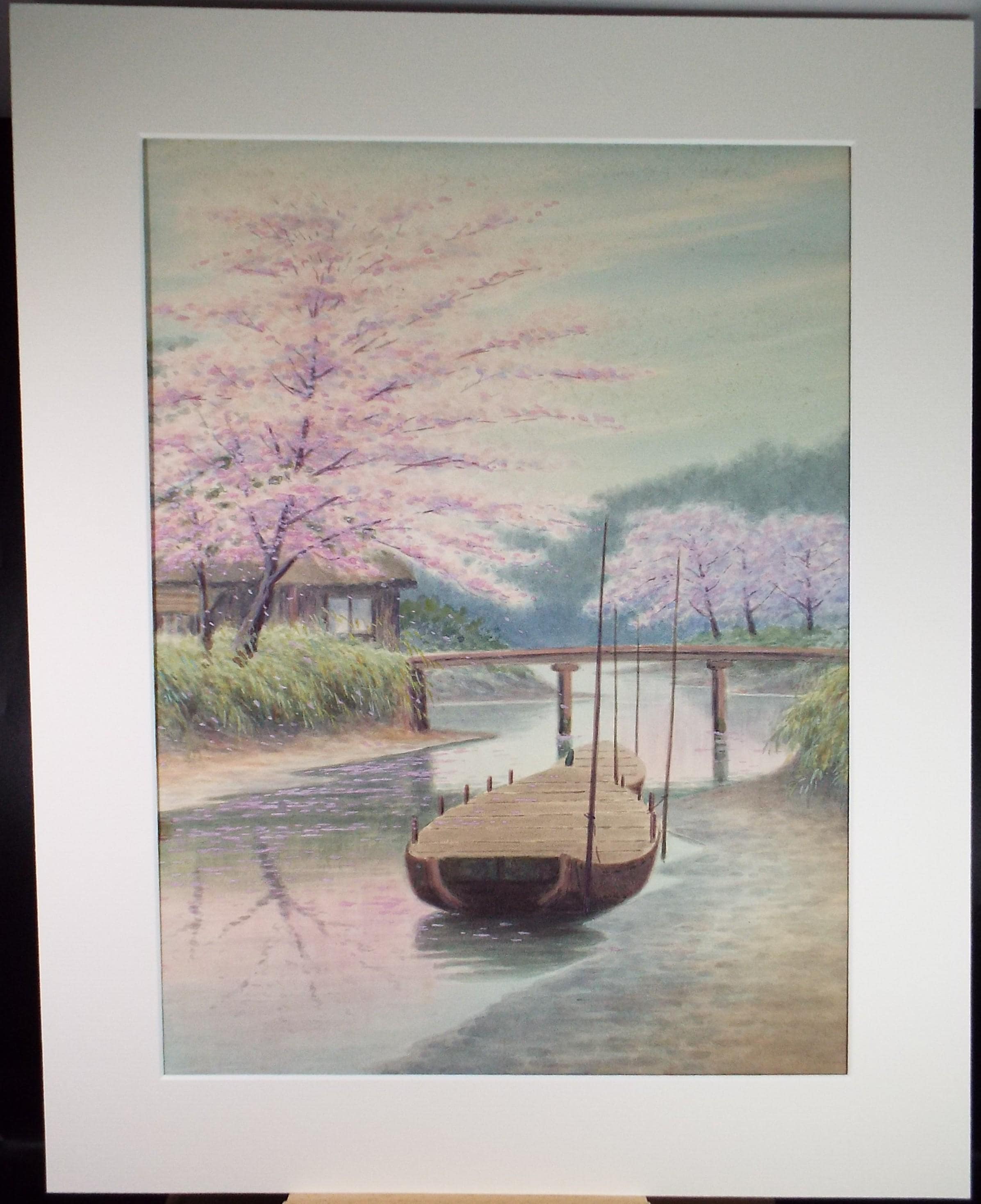 Original Watercolour, 'Japanese River scence with cherry blossom', c1960's, Unknown Artist