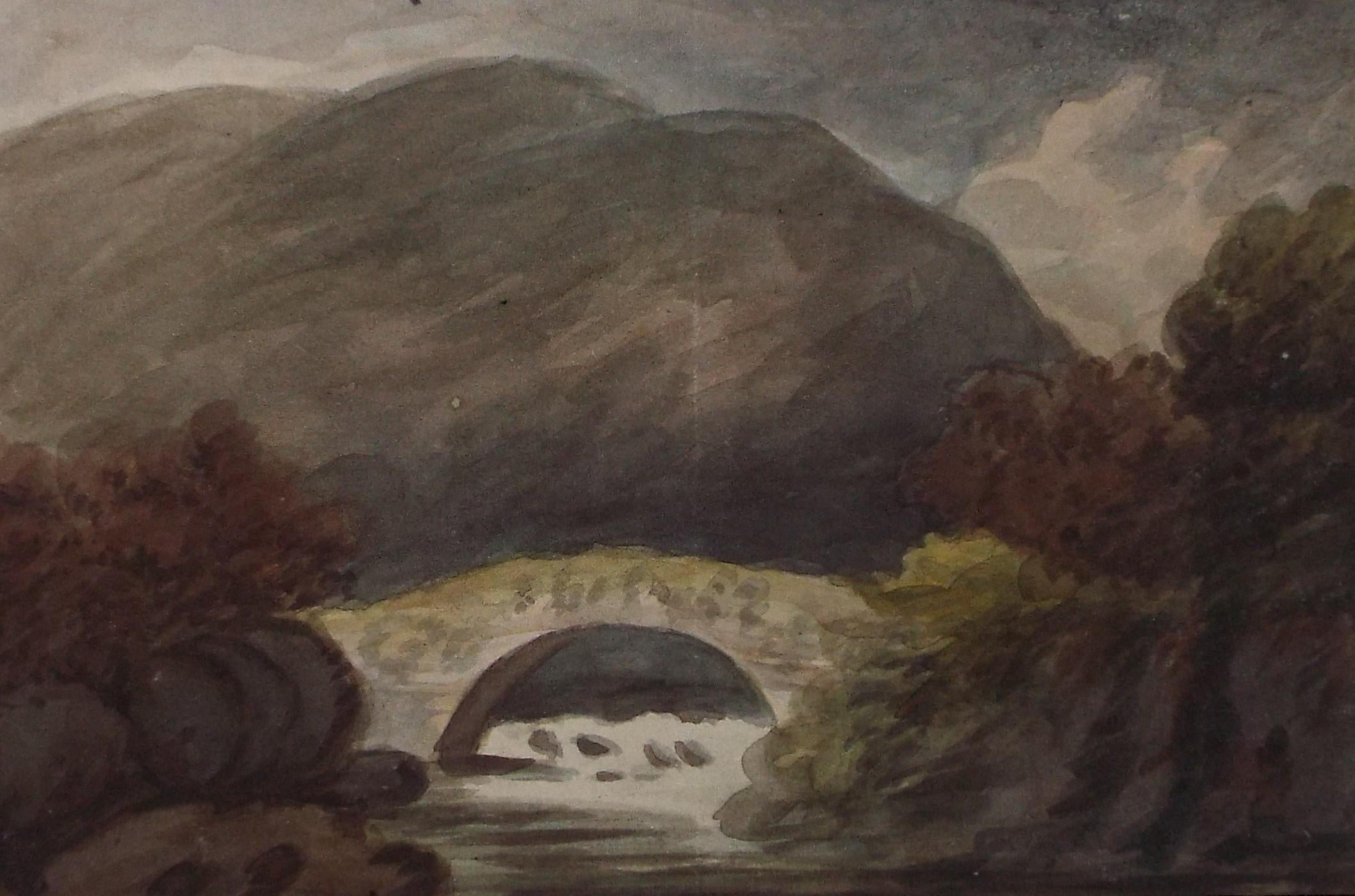 Original Watercolour, 'Stone Bridge Over the River rapids, Mid 19th century, Unknown Artist