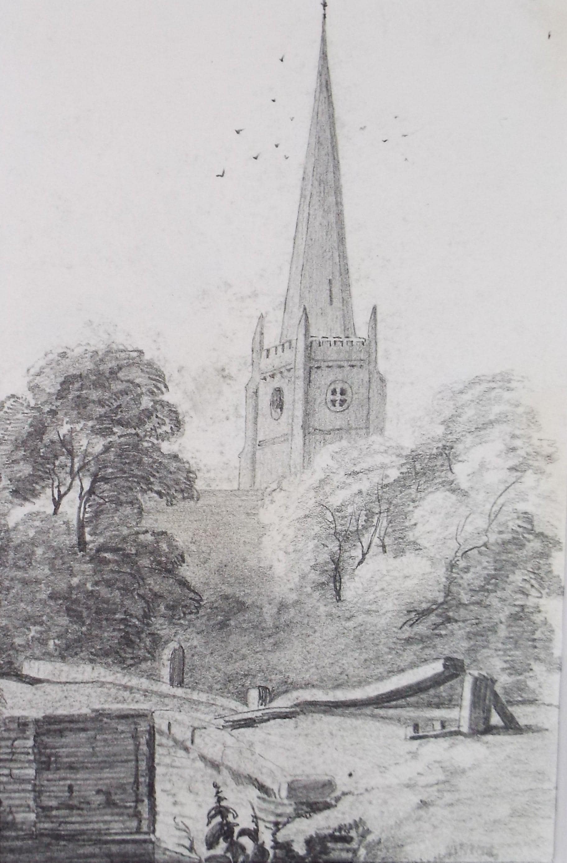 Original Pencil drawing, 'Church study', Late 19th Century', artist unknown