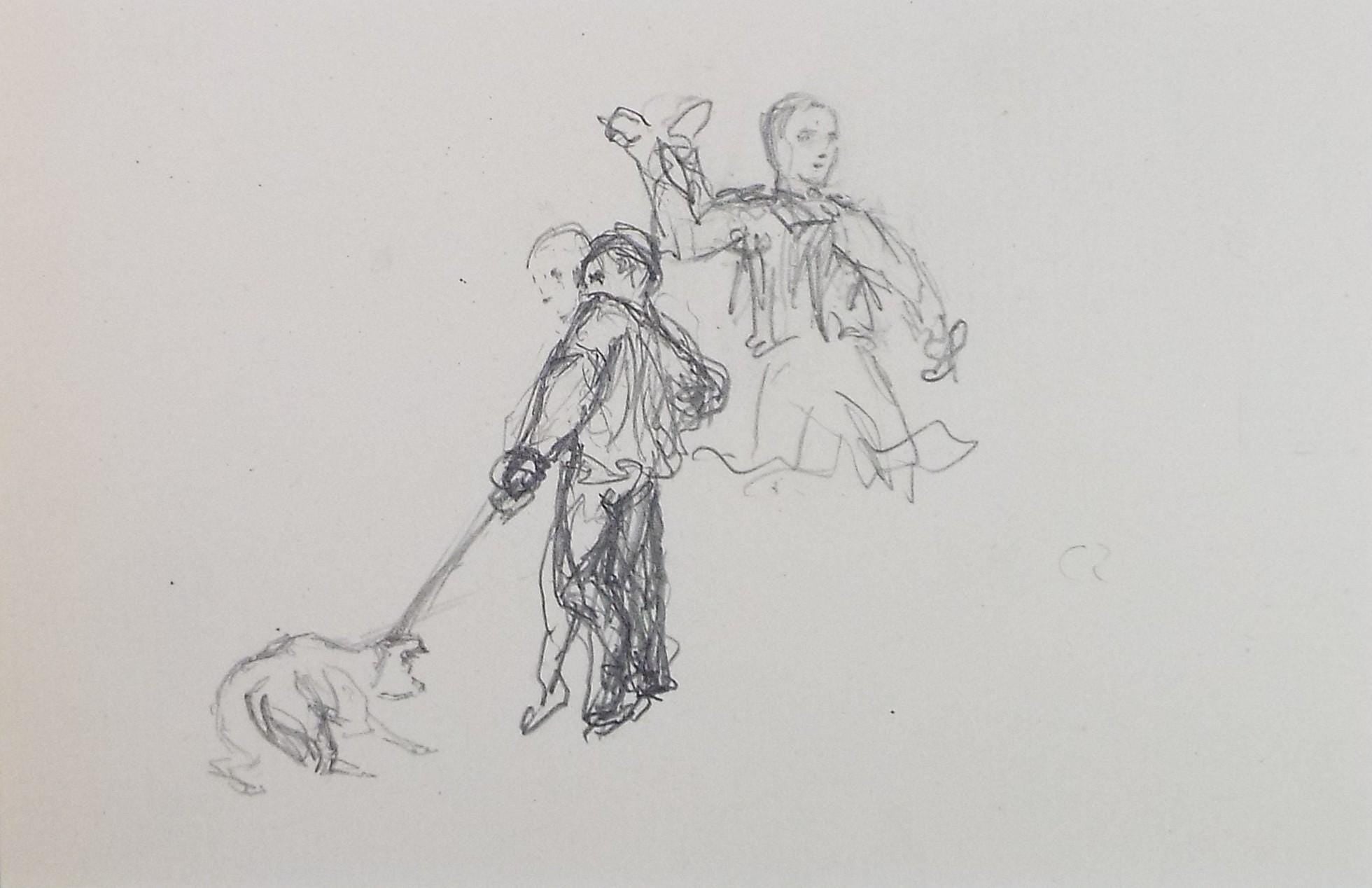 Original Pencil Sketch,'Boys with Dog', Unknown Artist, Early 20th Century