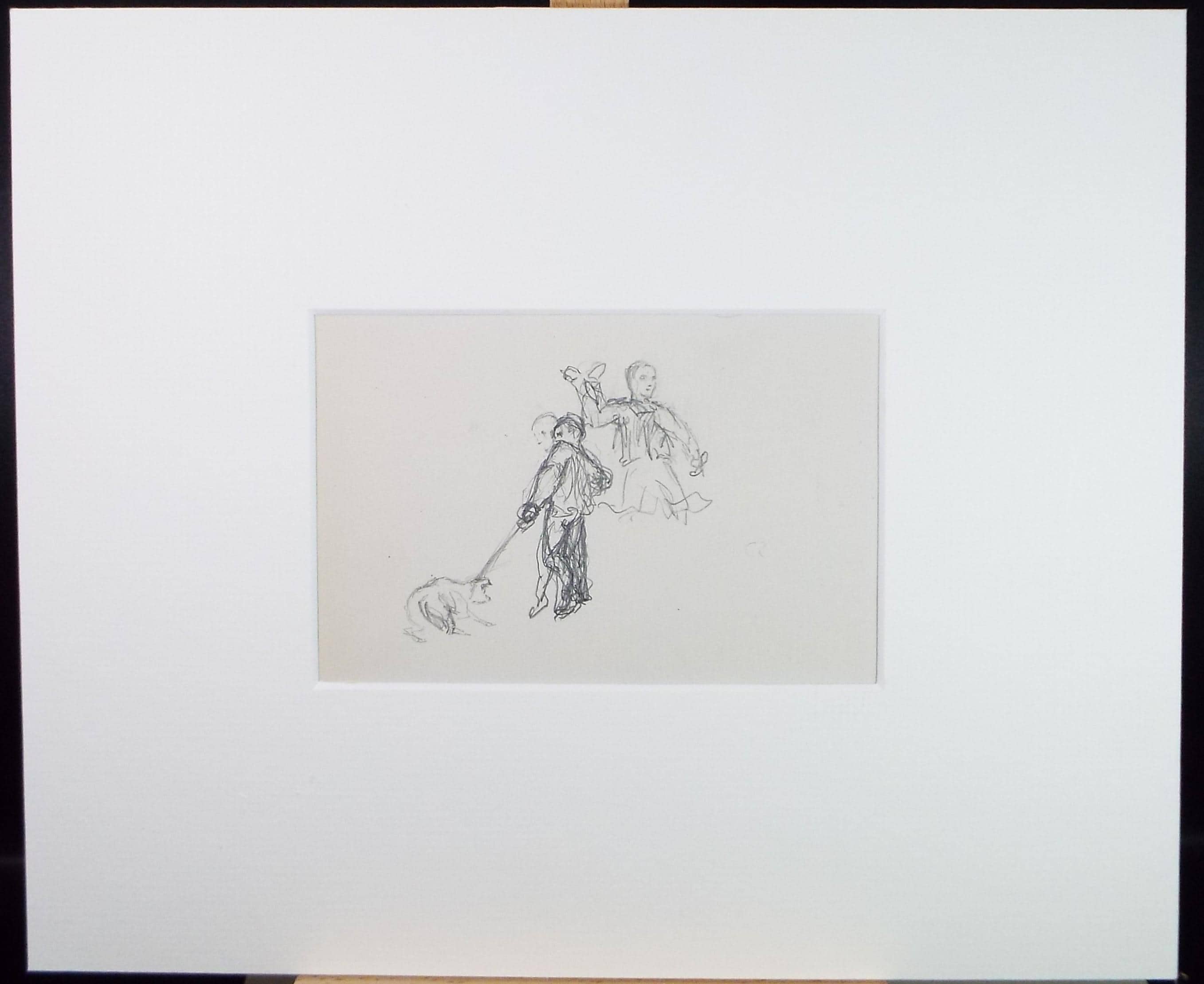 Original Pencil Sketch,'Boys with Dog', Unknown Artist, Early 20th Century