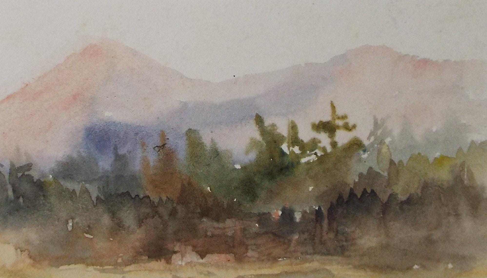 Original Watercolour on Paper, 'Landscape with distant hills', 19th Century, Artist Unknown