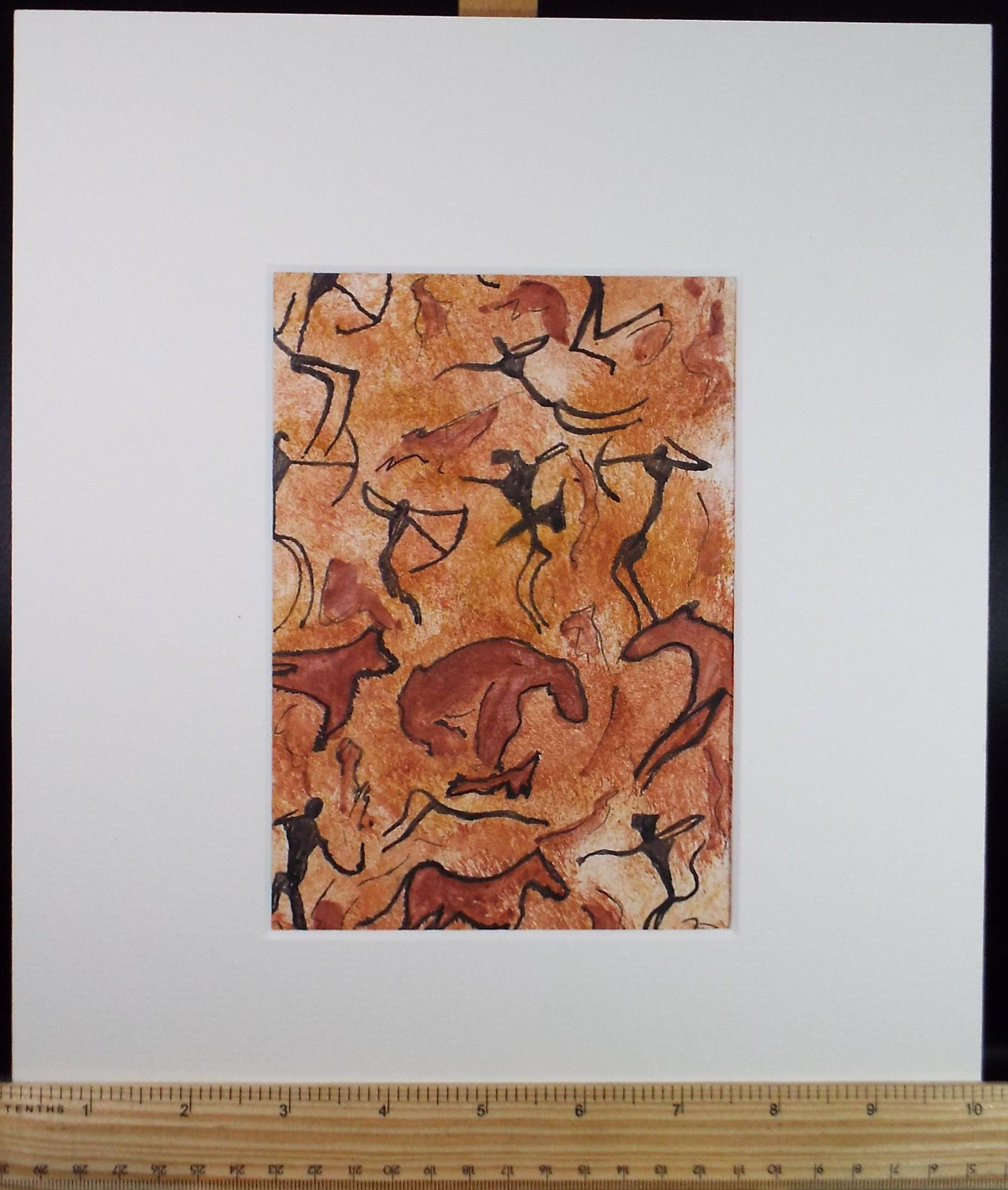 Original Watercolour, 'Cave style painting with animals and figures', Ken Stewart (1926-1991), circa 1960's
