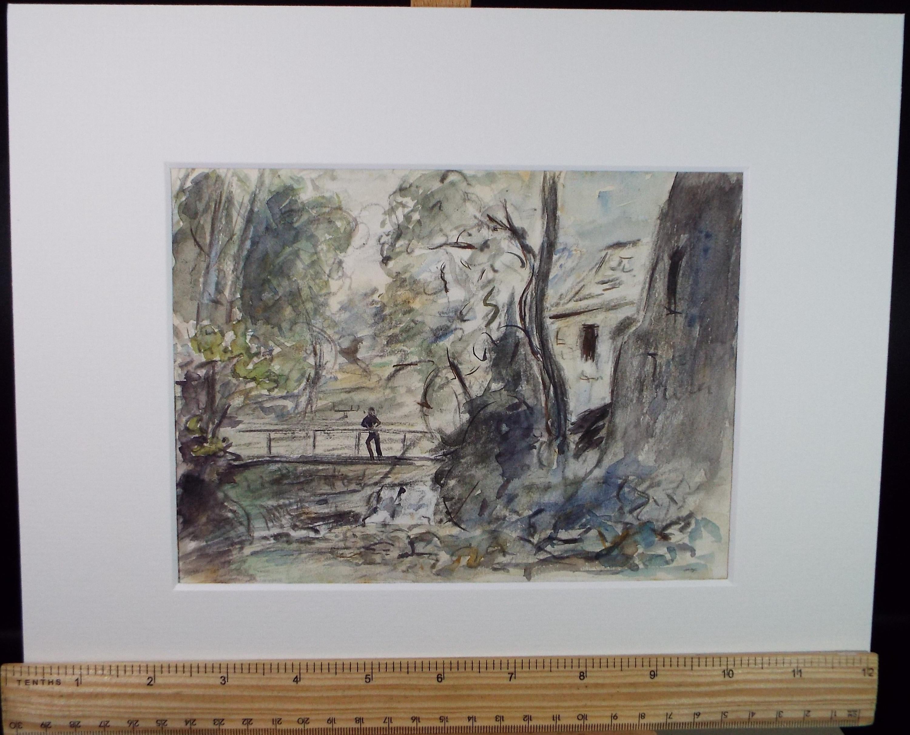 Original Watercolour , 'Figure on a Bridge', Circa 1970's , Geoffrey Burrows (1934-2023)