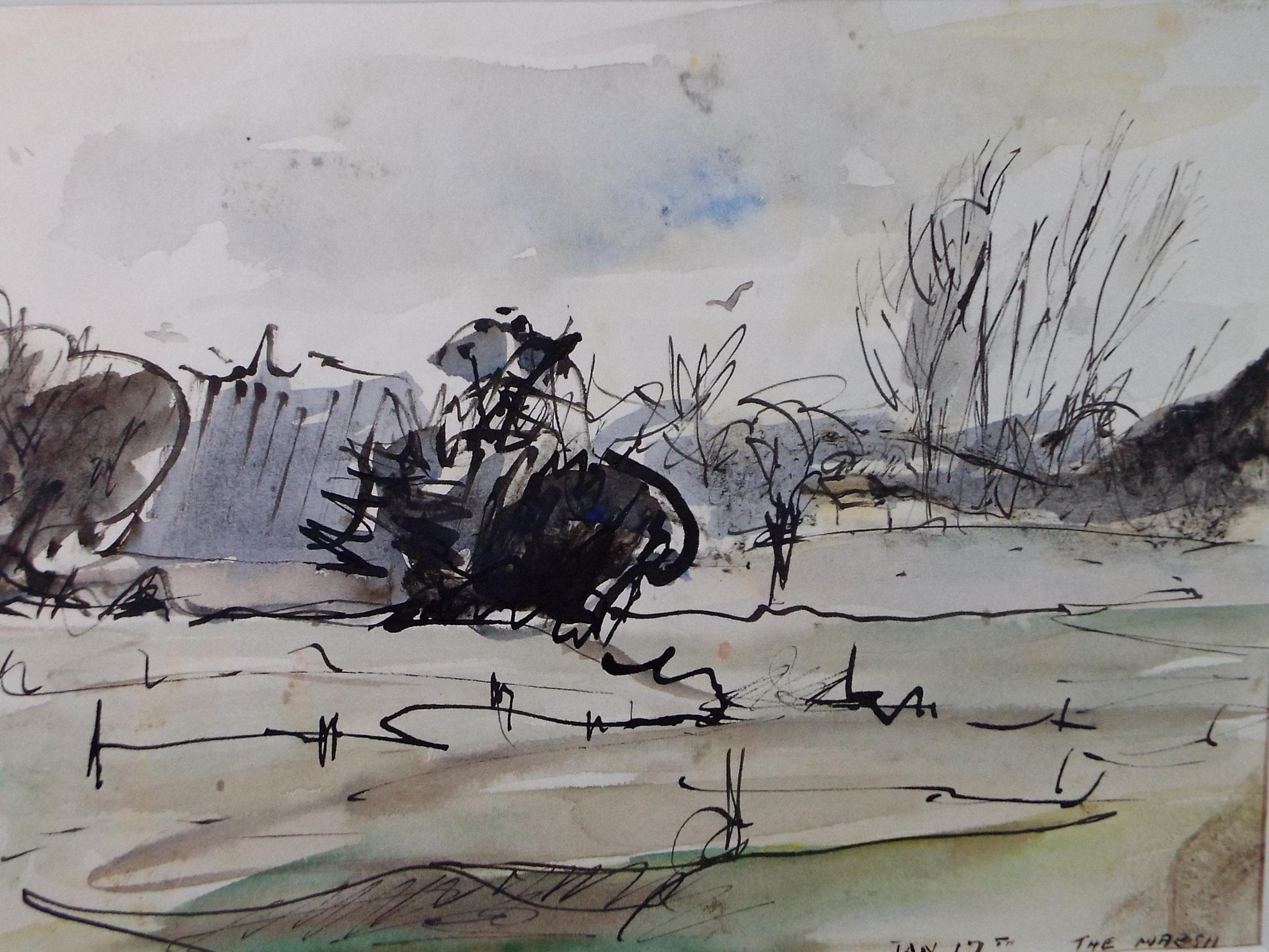 Original Watercolour & Ink , 'Marshland Study', Circa 1970's , Geoffrey Burrows (1934-2023)