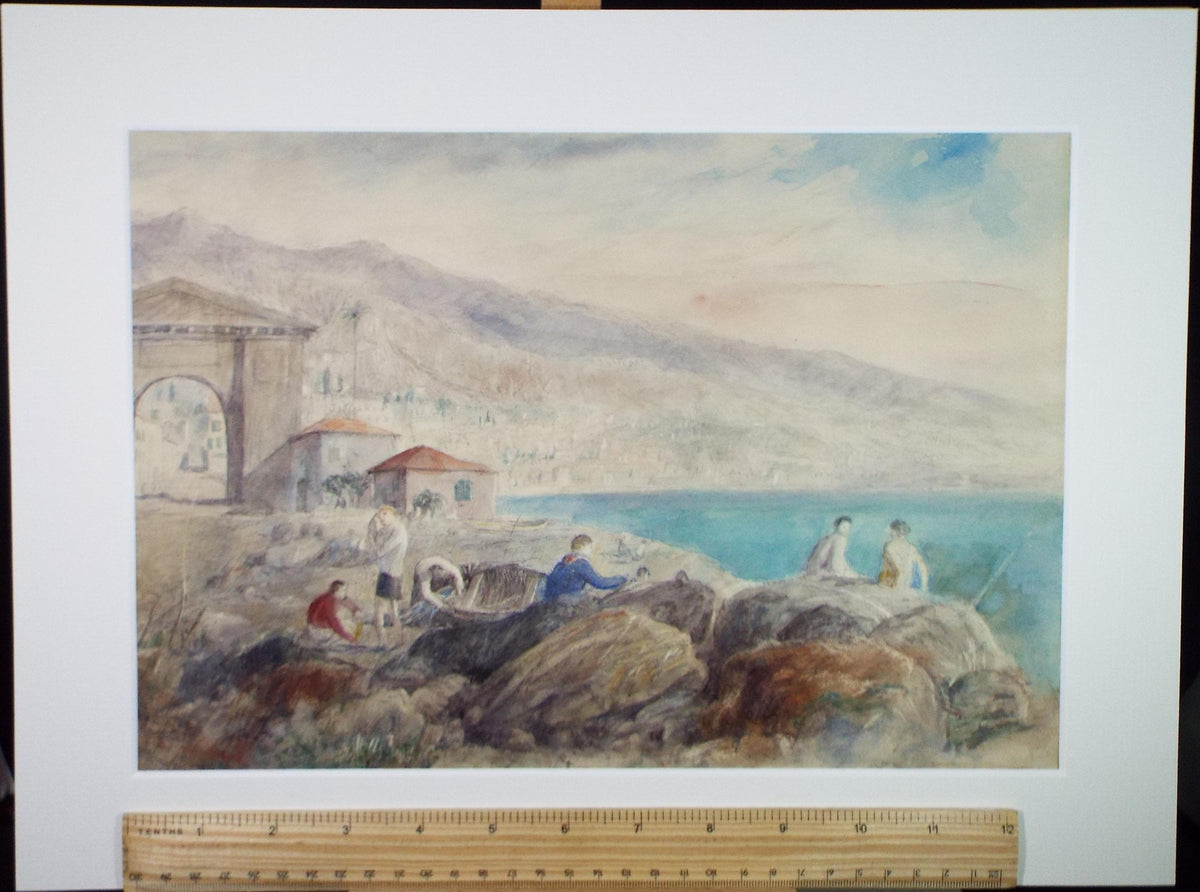 Original Watercolour, 'Coast with figures', Early 20th Century, Unknown Artist