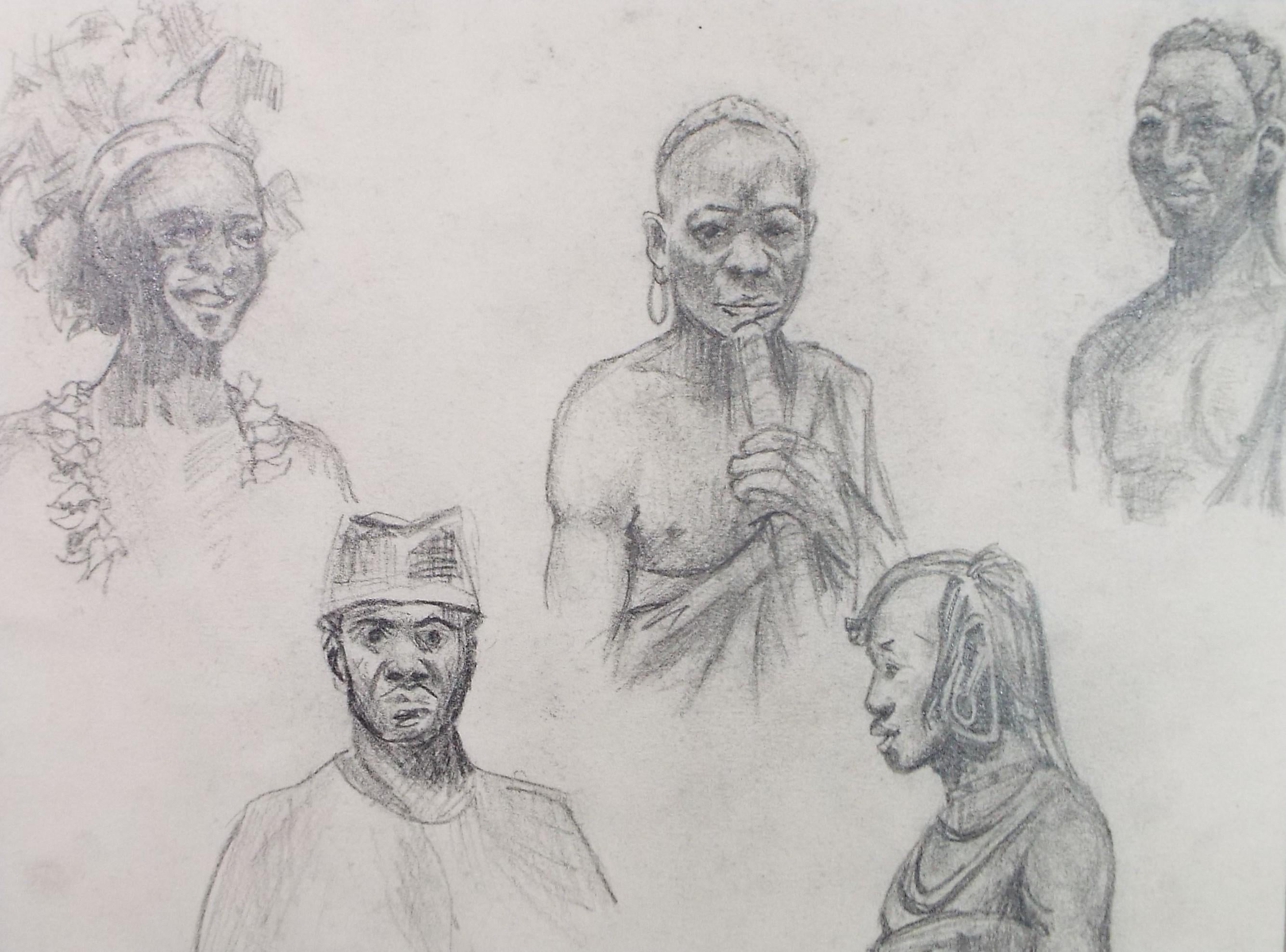 Original Pencil Sketch,'Portraits of African Tribal Figures', Unknown Artist, Circa 1970's