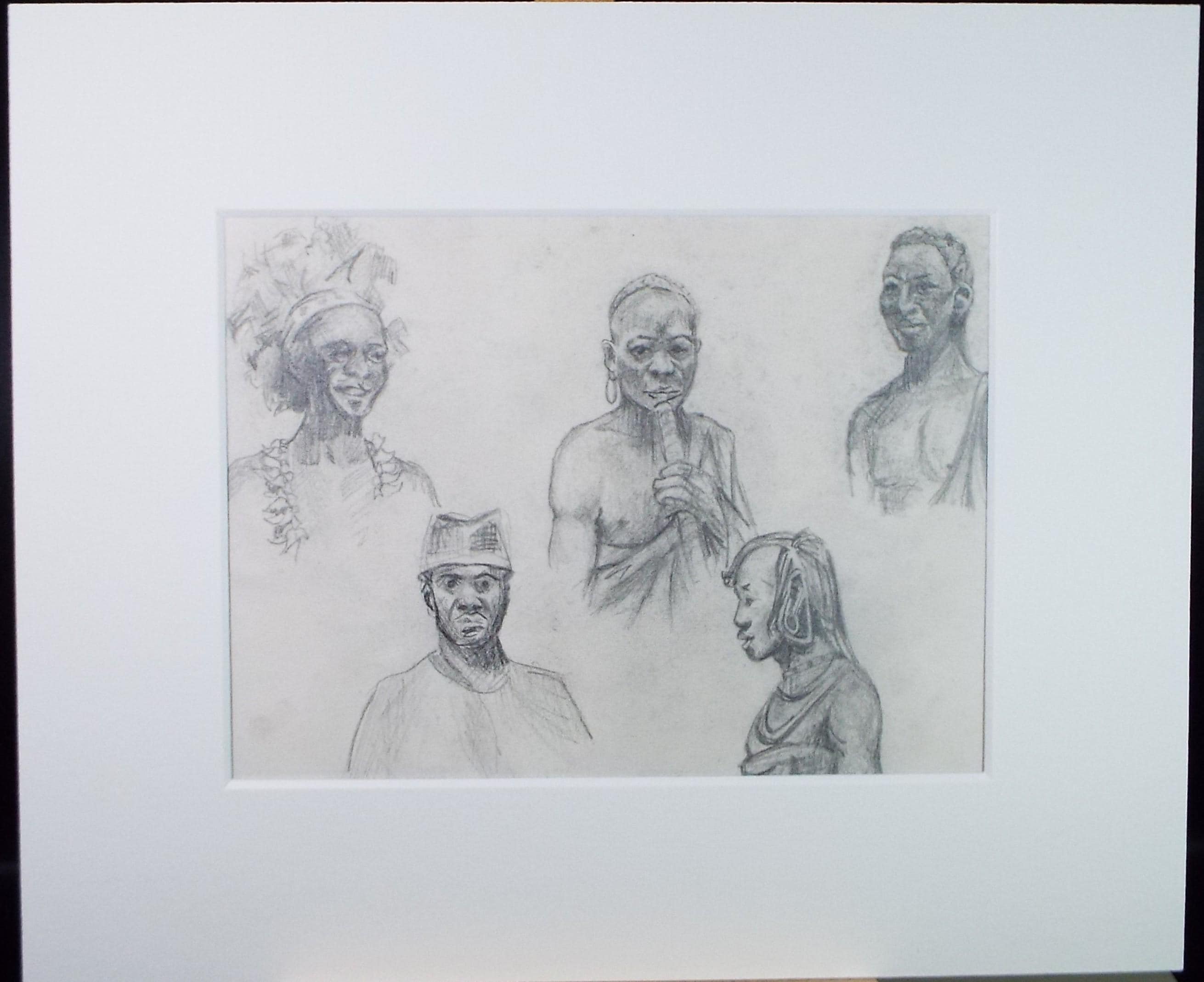 Original Pencil Sketch,'Portraits of African Tribal Figures', Unknown Artist, Circa 1970's