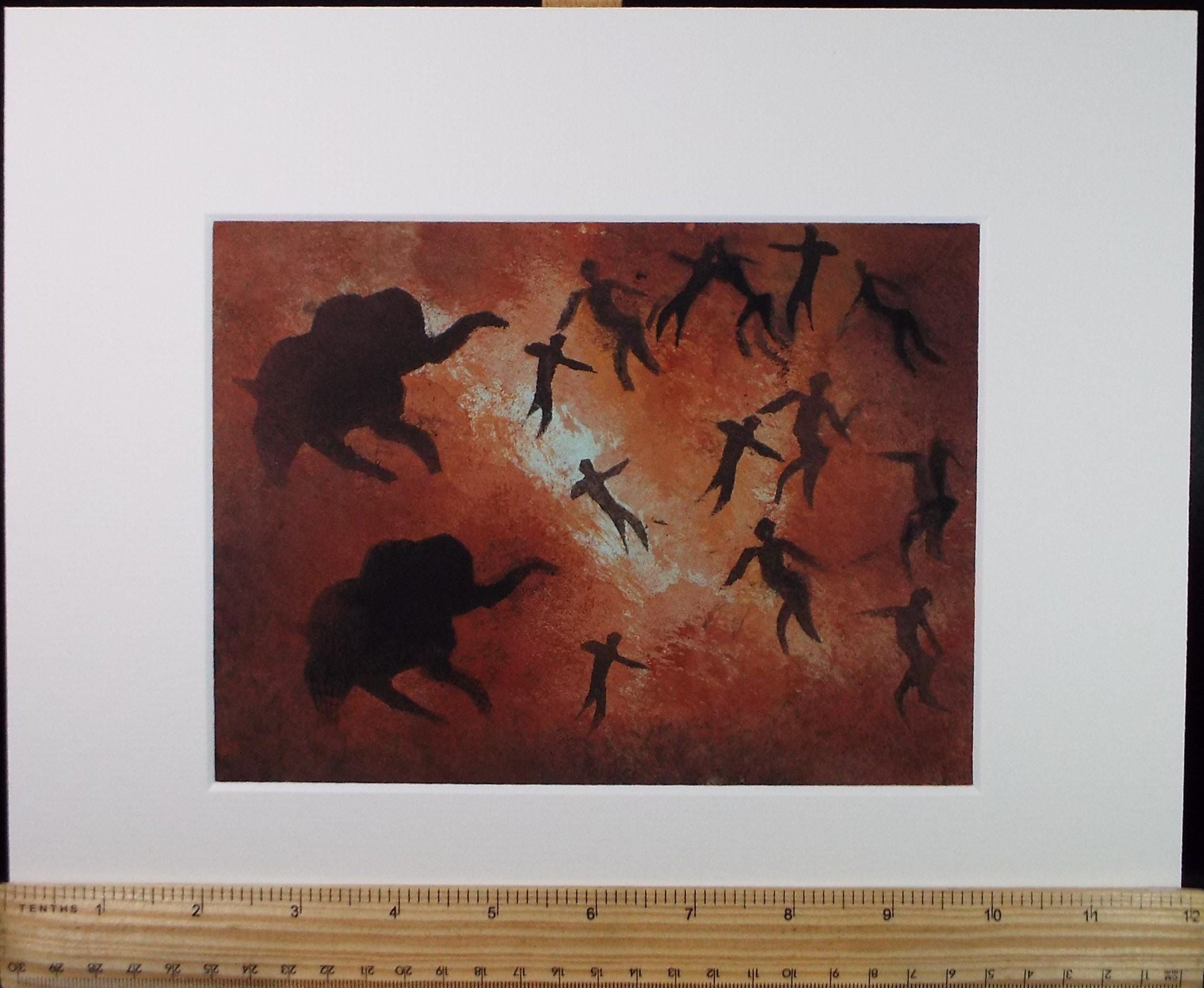 Original Watercolour, 'Cave style painting with Mammoth and figures', Ken Stewart (1926-1991), circa 1960's