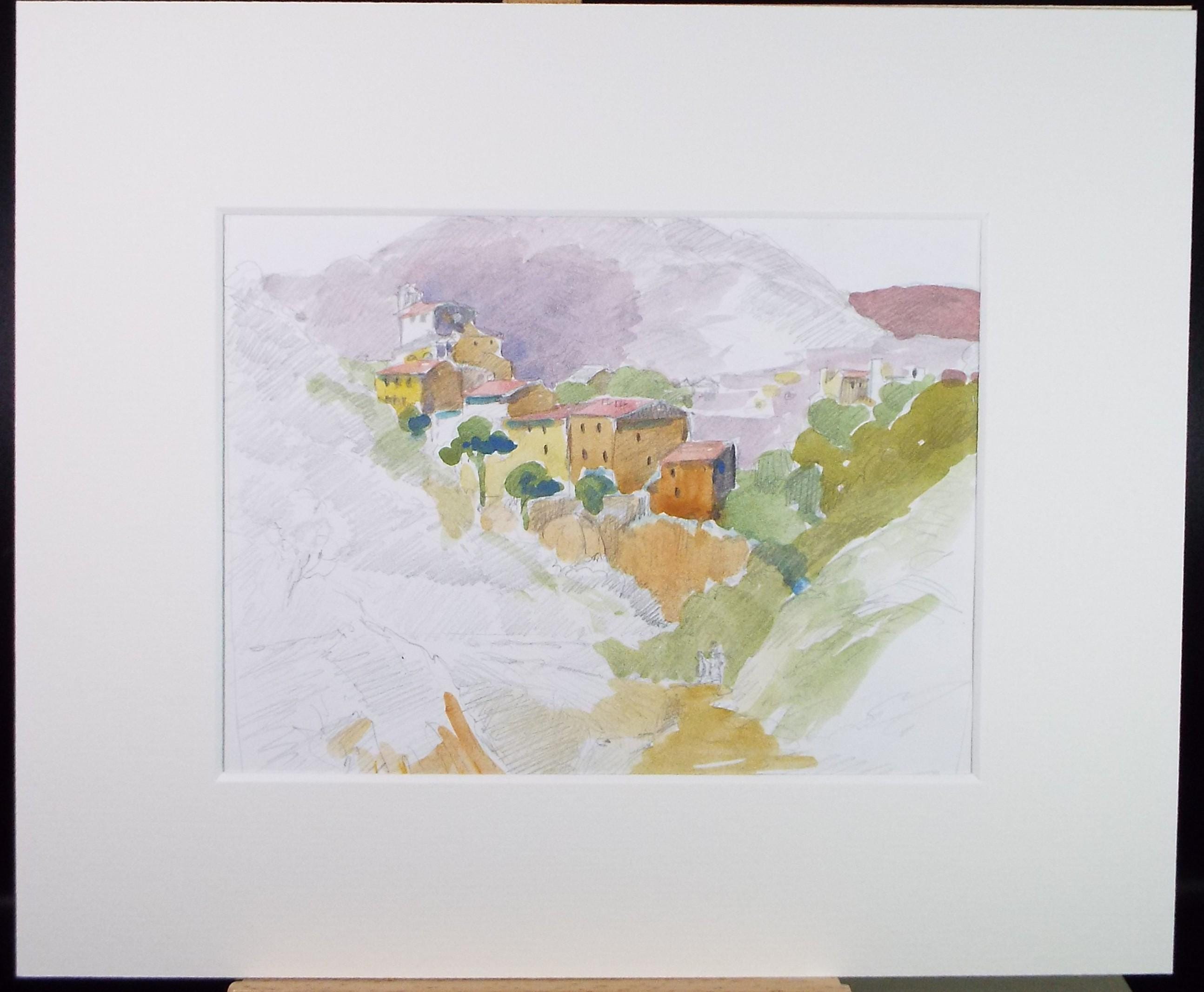 Original Watercolour on Paper, 'French Mountain Village', Unknown Artist, Circa 1980's