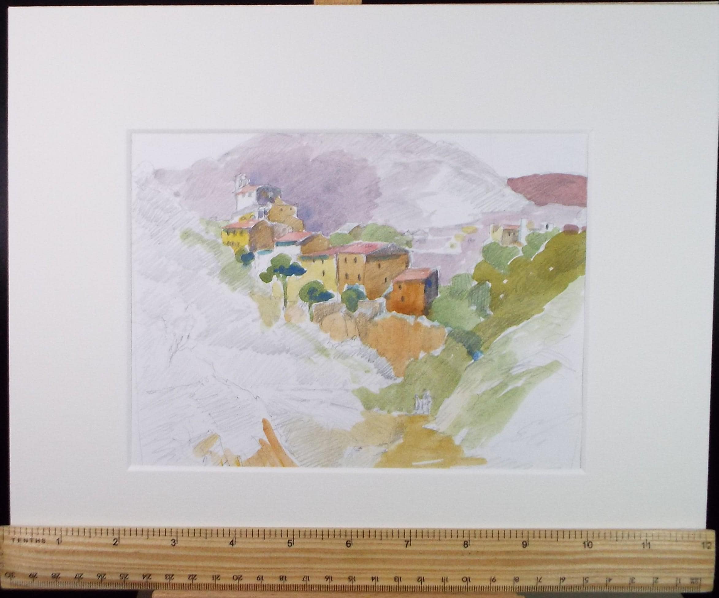 Original Watercolour on Paper, 'French Mountain Village', Unknown Artist, Circa 1980's