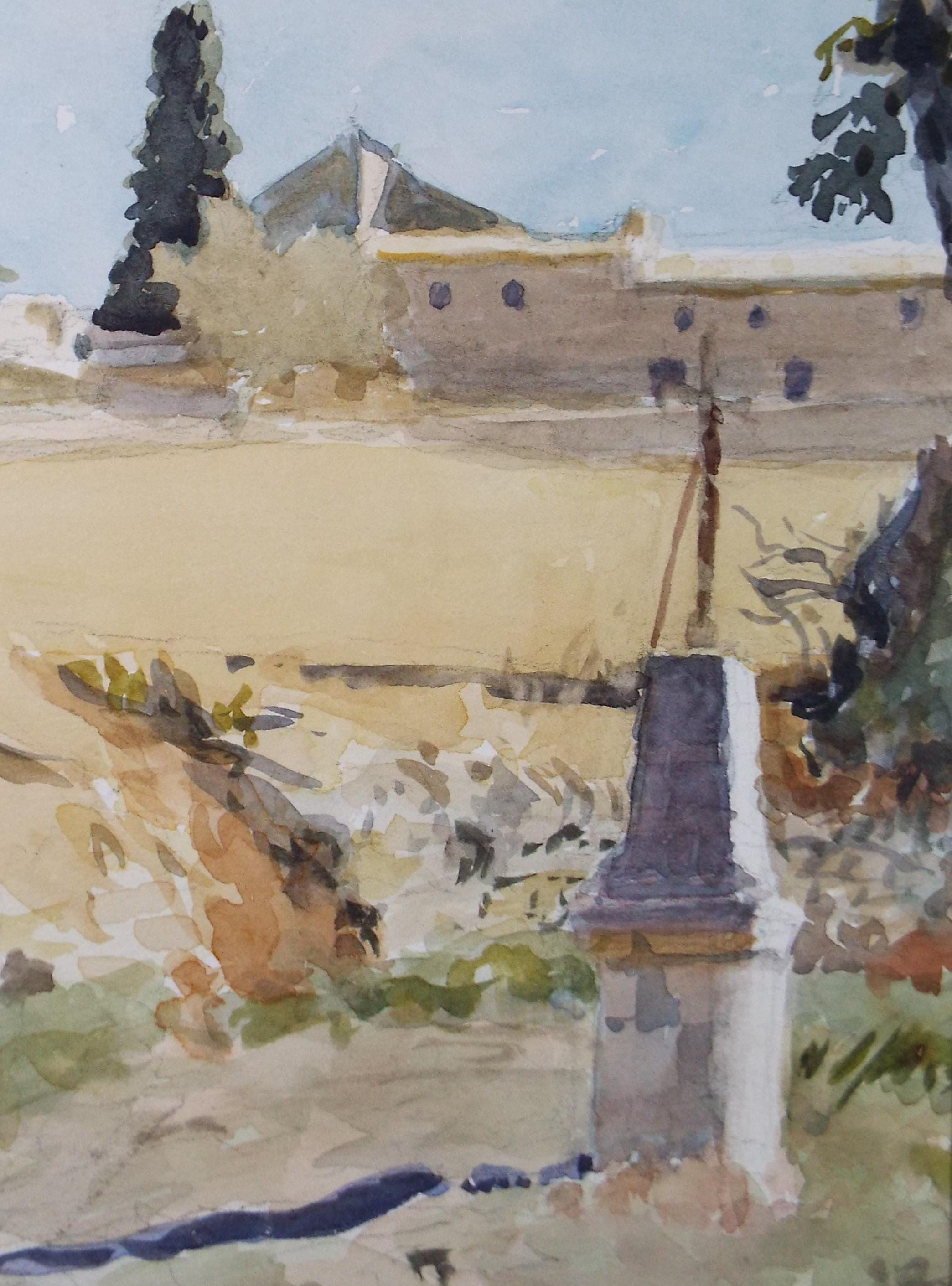 Original Watercolour on Paper, ' Obelisk' in a Landscape', Unknown Artist, Circa 1980's