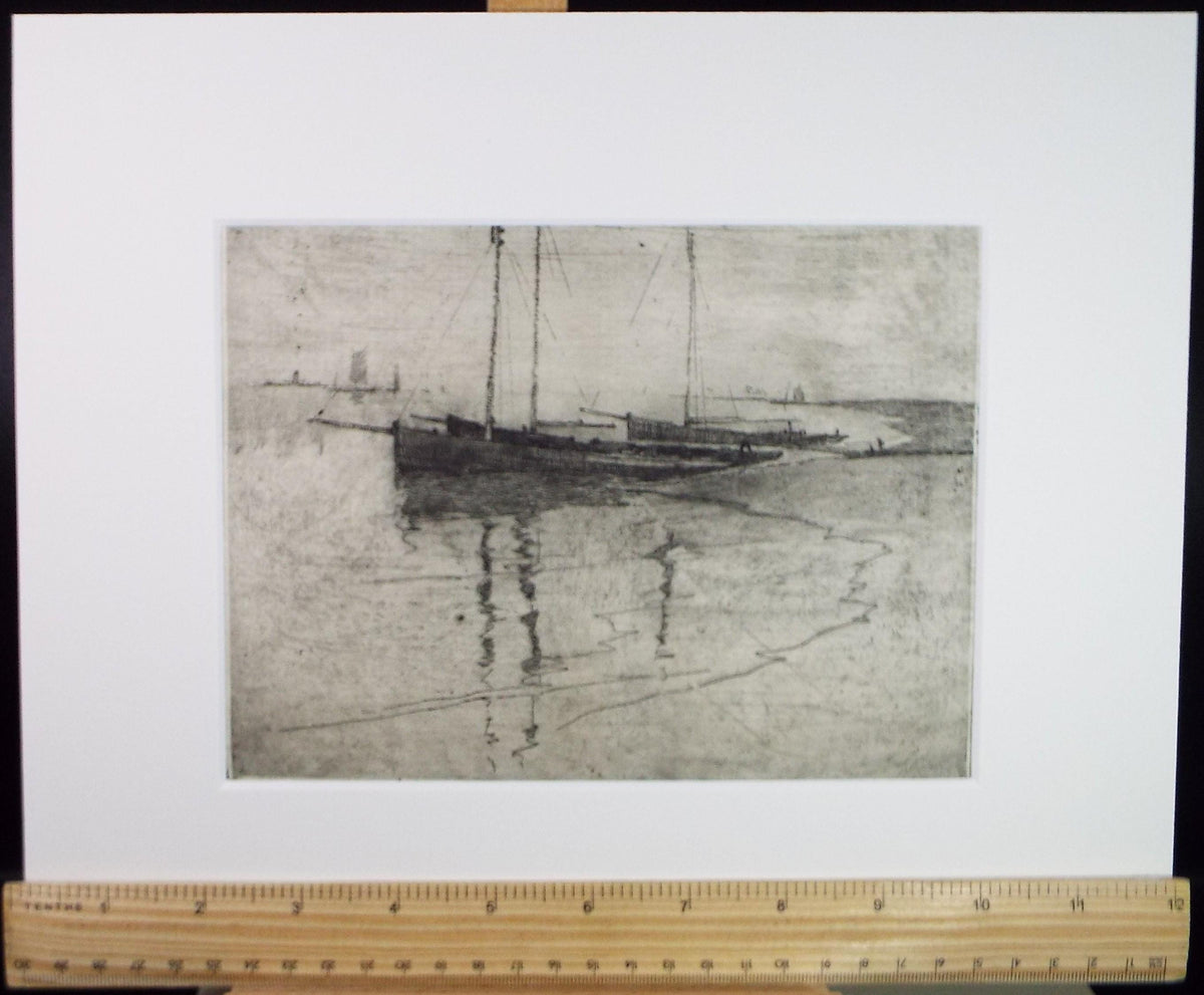 Hand Pressed Etching, 'Boats on the shore', Lawrence Walker (1877-1967), Circa 1920's