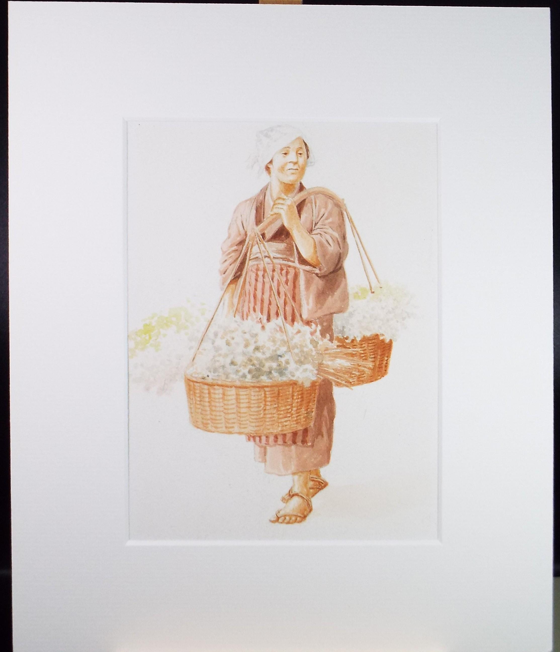 Original Watercolour, 'Japanese figure with baskets', c1960's, Unknown Artist